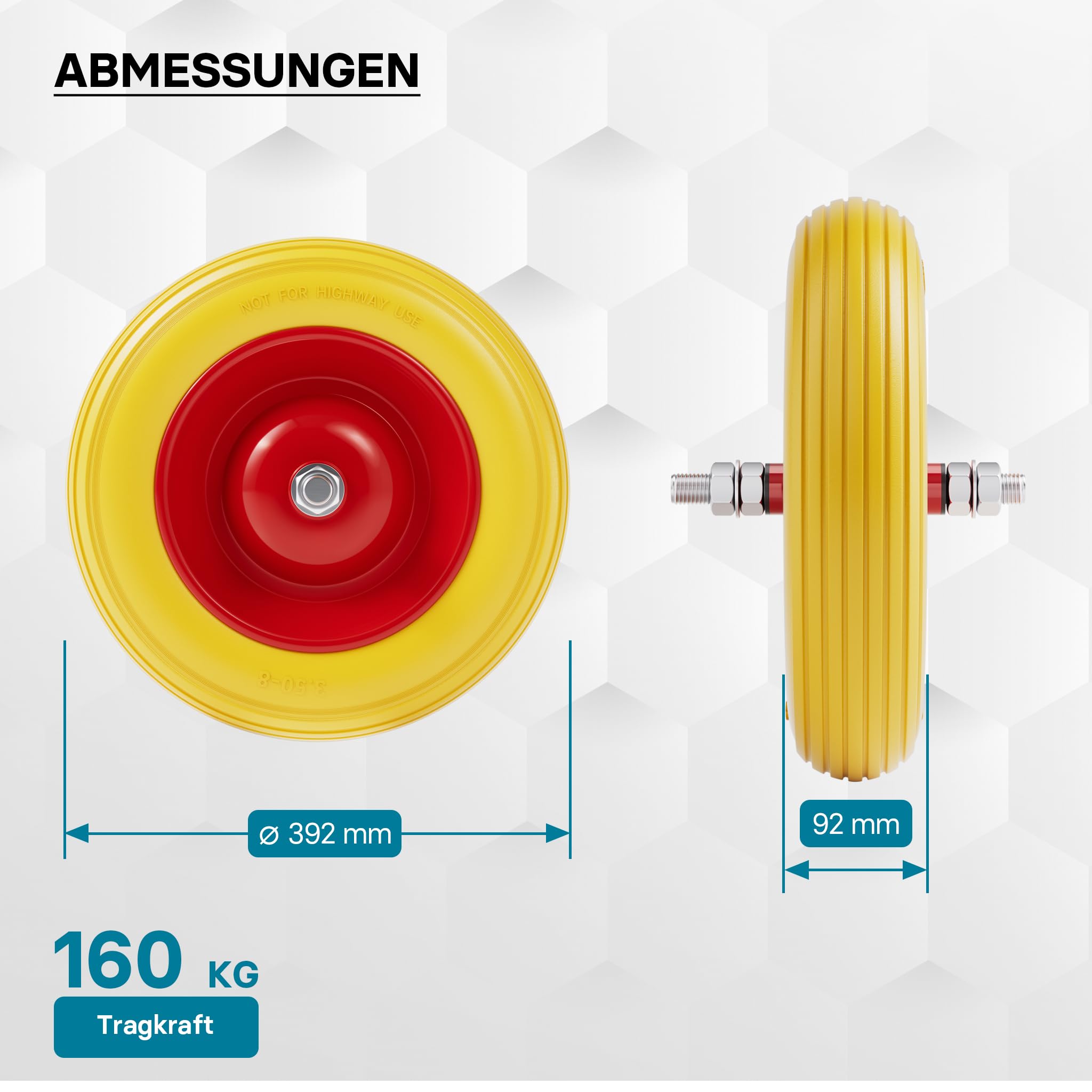 Wiltec Pannensicheres PU Rad 4.00-8 100 x 400 mm 160 kg, Polyurethan Vollgummi Schubkarren Komplettrad mit Steckachse, Schubkarrenrad pannensicher