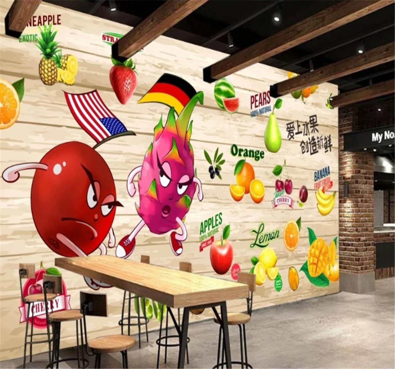 Tzxztt Minimalist Wood Grain Green Fresh Fruit Shop Modern 3D Wallpaper Premium Textured Silk Neutral Tones Material Ideal for Living Room Bedroom-430cm×300cm