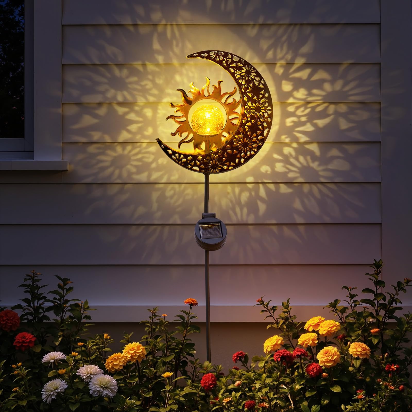 Warmiehomy Solar Lights Outdoor Garden Ornaments, Waterproof Sun Moon Lamp with Cracked Glass Ball, Dual Mode Warm LED Stake Lights for Garden Patio Lawn Pathway Decorations, Women Mom Birthday Gifts