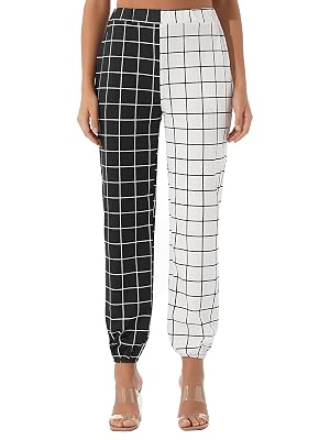 Vintage Plaid Patchwork Pants Women Causal High Waist Straight Checkerboard Trousers