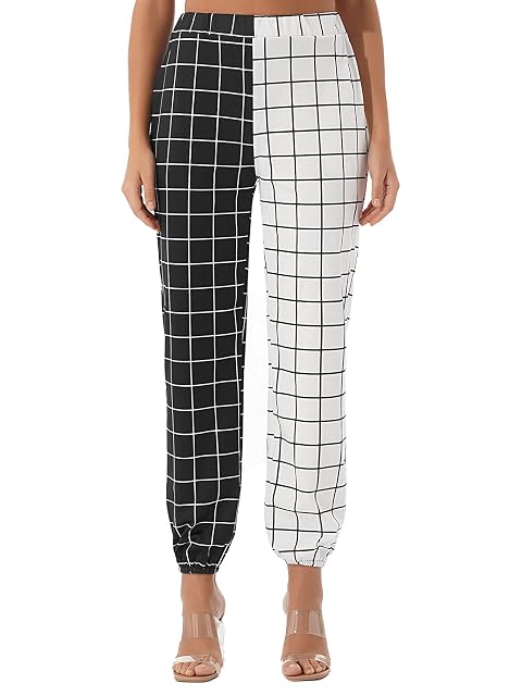 Vintage Plaid Patchwork Pants Women Causal High Waist Straight Checkerboard Trousers
