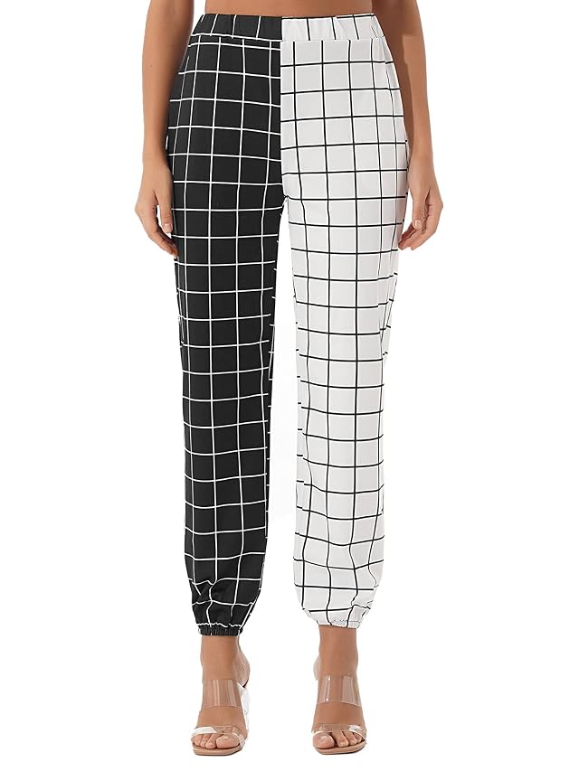 Vintage Plaid Patchwork Pants Women Causal High Waist Straight Checkerboard Trousers