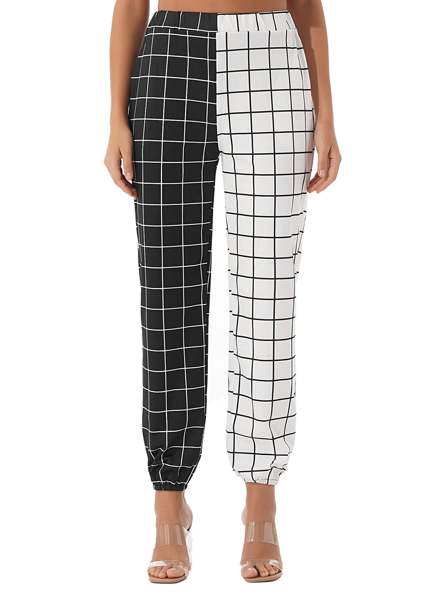 Vintage Plaid Patchwork Pants Women Causal High Waist Straight Checkerboard Trousers
