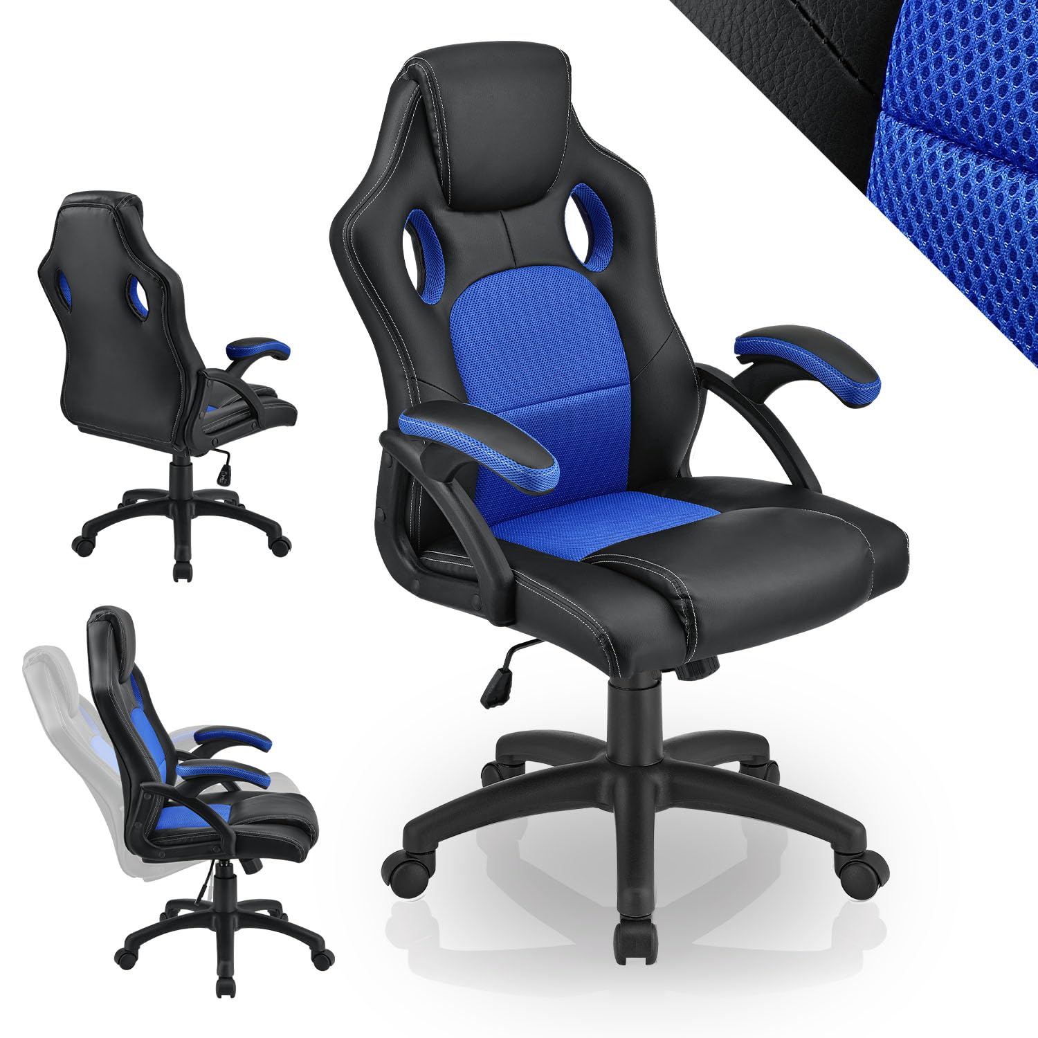 Juskys Chaise de Bureau Montreal Racing Chaise de Bureau Ergonomique réglable en Hauteur et rembourrée Chaise pivotante Chargeable 120 kg Chaise de Jeu PC (Bleu) (52D x 47W x 111H cm)