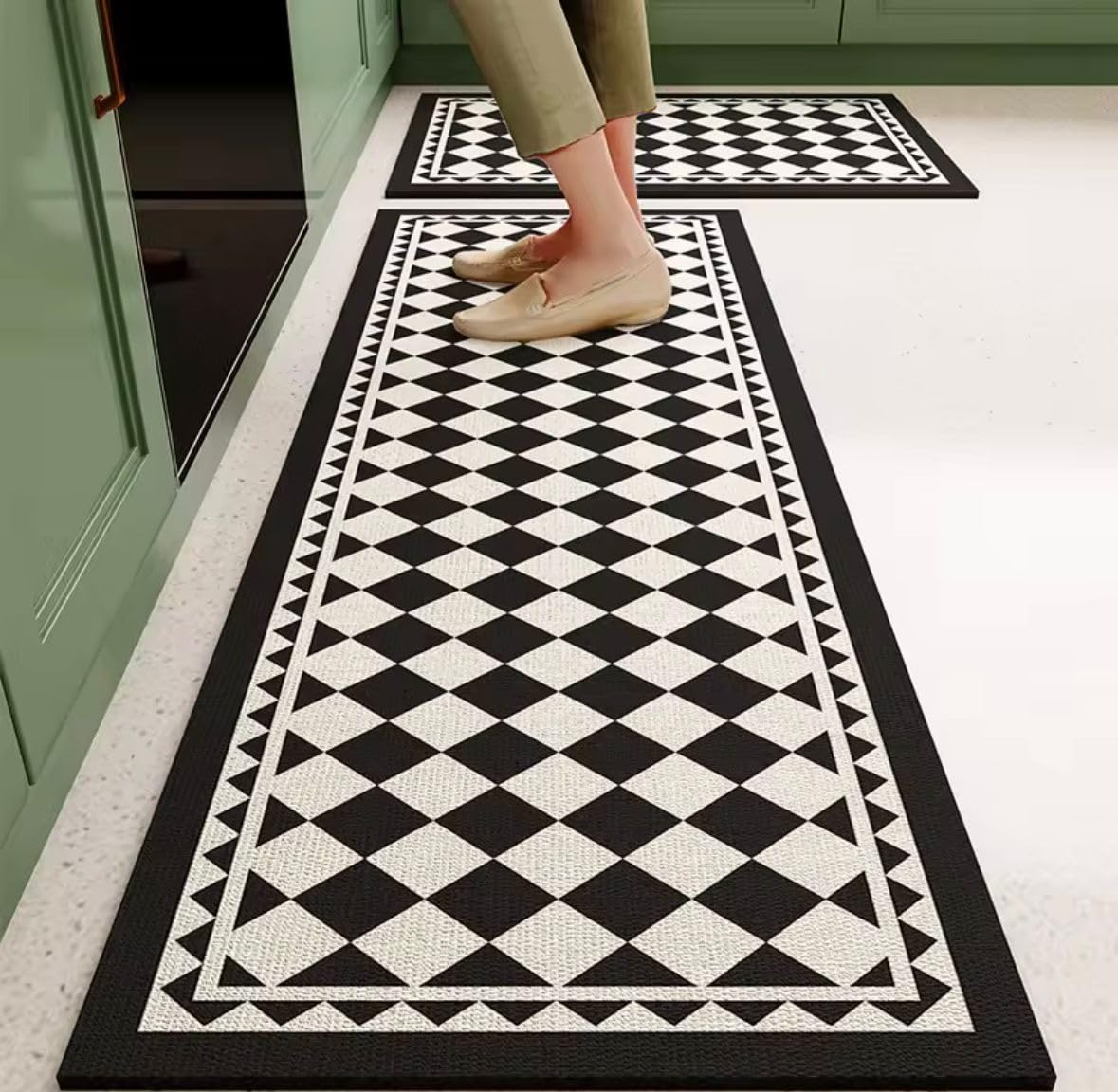 HomeCloud Rubber Kitchen Mats for Floor Set of 2 Pcs | Non-Skid, Soft Absorbent Rugs for Kitchen, Laundry, and Hallway | 118x38cm, 38x58cm| 4mm Thickness (Square_Black-White)