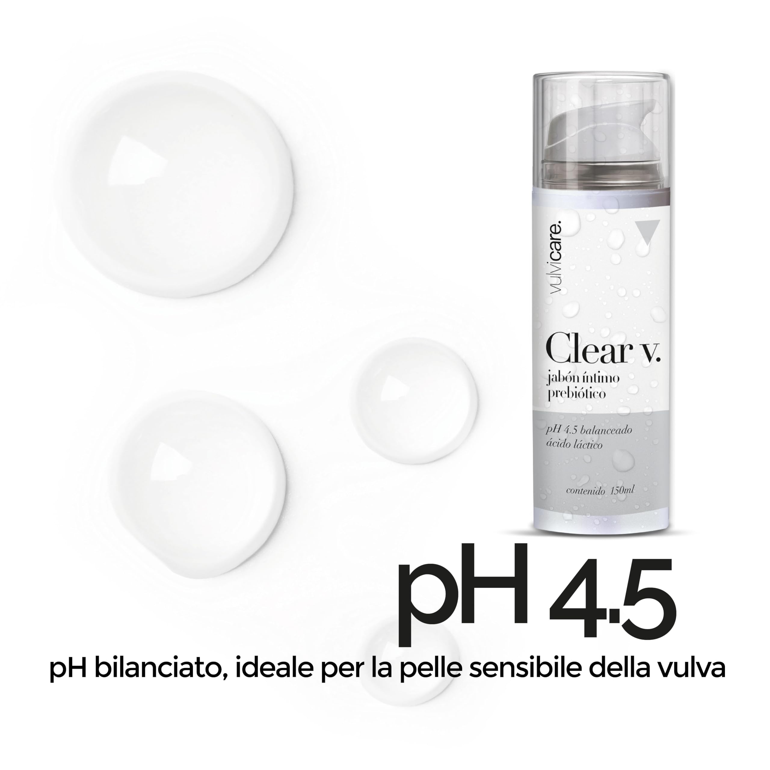 Vulvicare Clear V Sapone intimo prebiotico pH 4,5 bilanciato 150ml - Con acido lattico per un microbiota equilibrato - Igiene e cura vulvovaginale