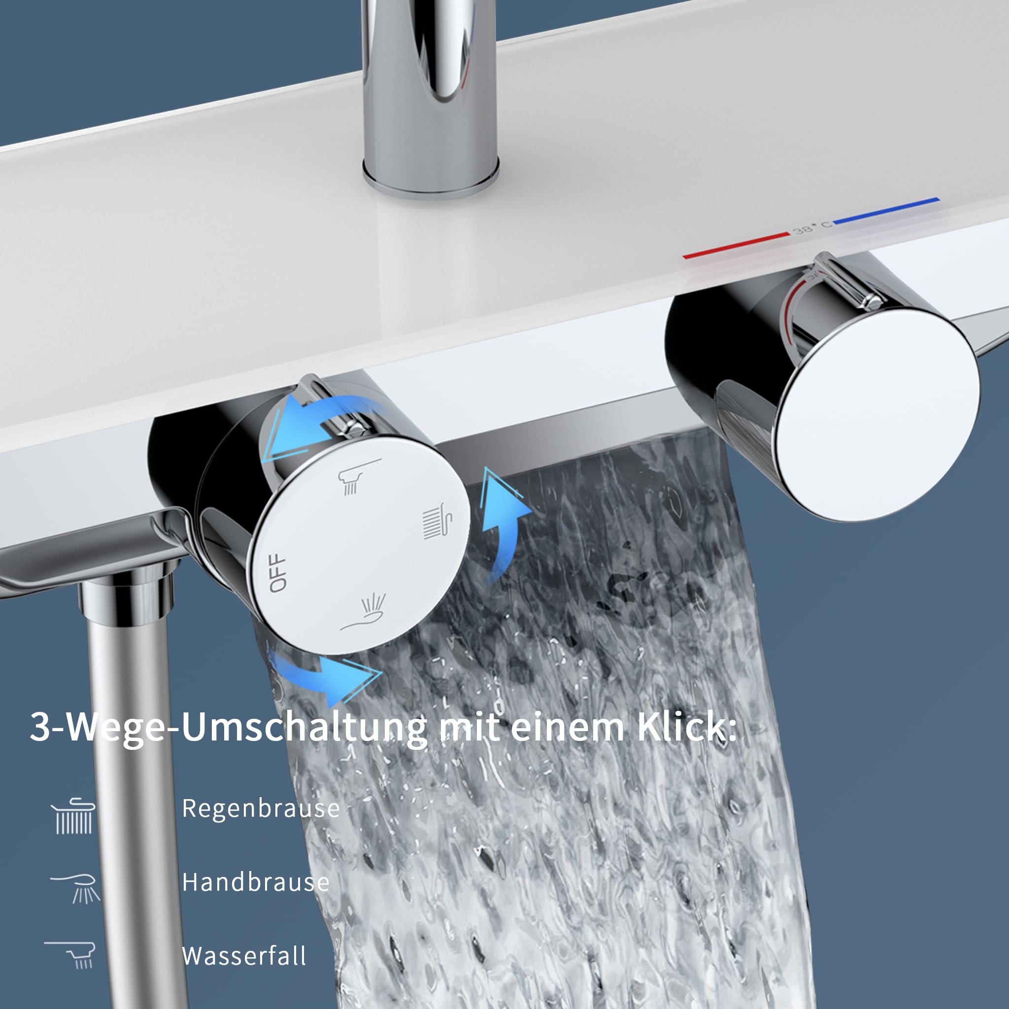 HOMELODY Duschsystem mit Thermostat und Glasablage Chrom - Duscharmatur Komplettset mit 30cm, Handbrause 3 Strahlarten und Unterer Auslauf - Duschset Regendusche mit Armatur