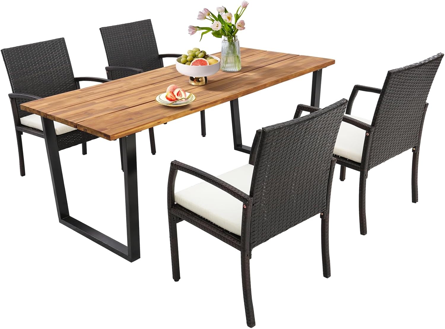Tangkula 5 Piece Patio Rattan Dining Set, Outdoor Wicker Chair & Dining Table Set, Acacia Wood Tabletop w/Umbrella Hole, Seat Cushions Included, Space-Saving Design, Backyard