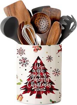 Hexagram Christmas Kitchen Decor Ceramic Utensil Holder, Cute Red Christmas Tree Utensils Holder, Xmas Ceramic Utensils Crock for Rustic Farmhouse Indoor Kitchen Decorations6.3 Inches