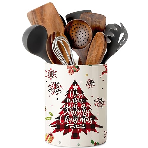 Hexagram Christmas Kitchen Decor Ceramic Utensil Holder, Cute Red Christmas