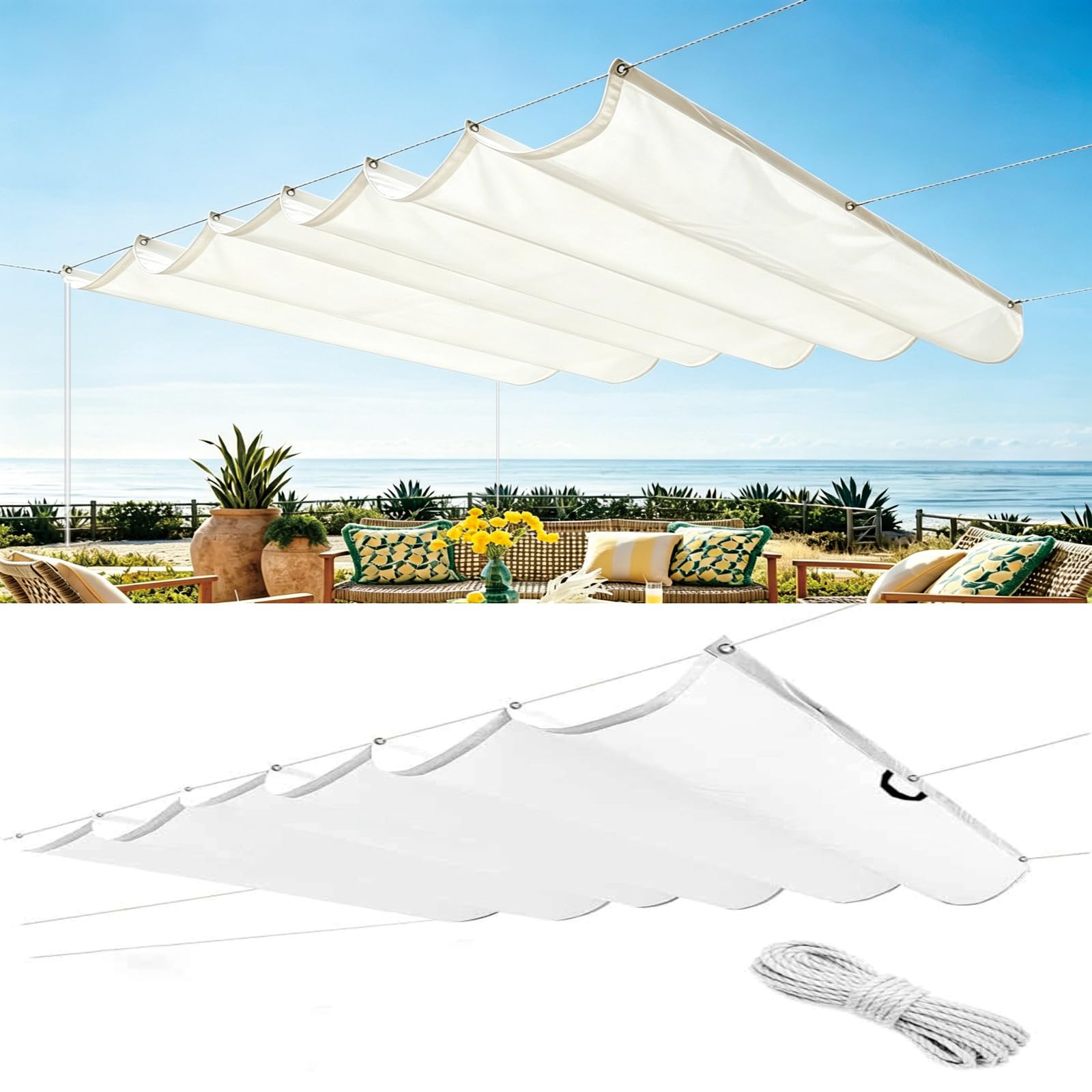 Toile ombrage imperméable 195x340 cm et auvent ondulé pour terrasse