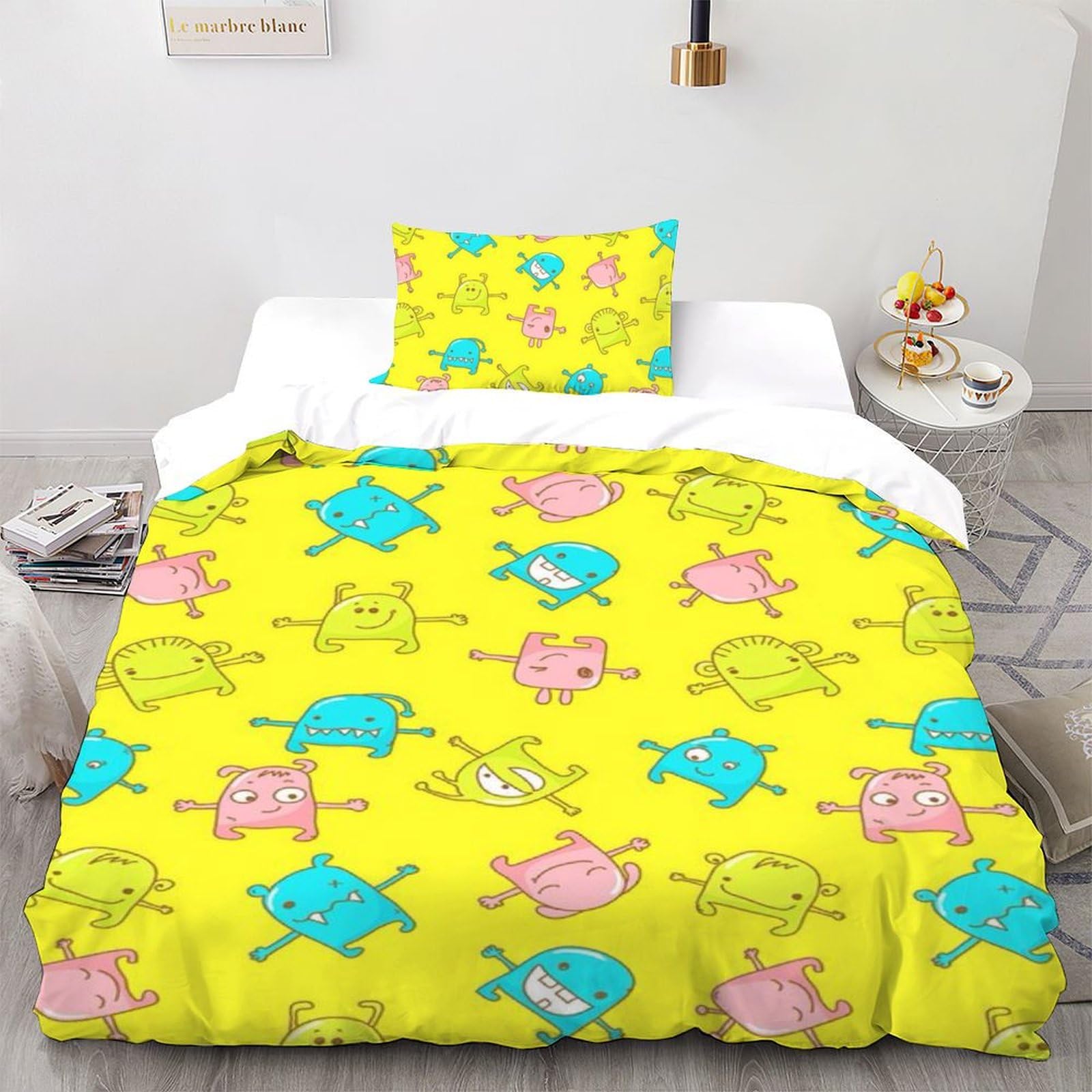 Housse de couette single 135x200 jaune imprimé 3D mignon avec taie d'oreiller pour lit enfant