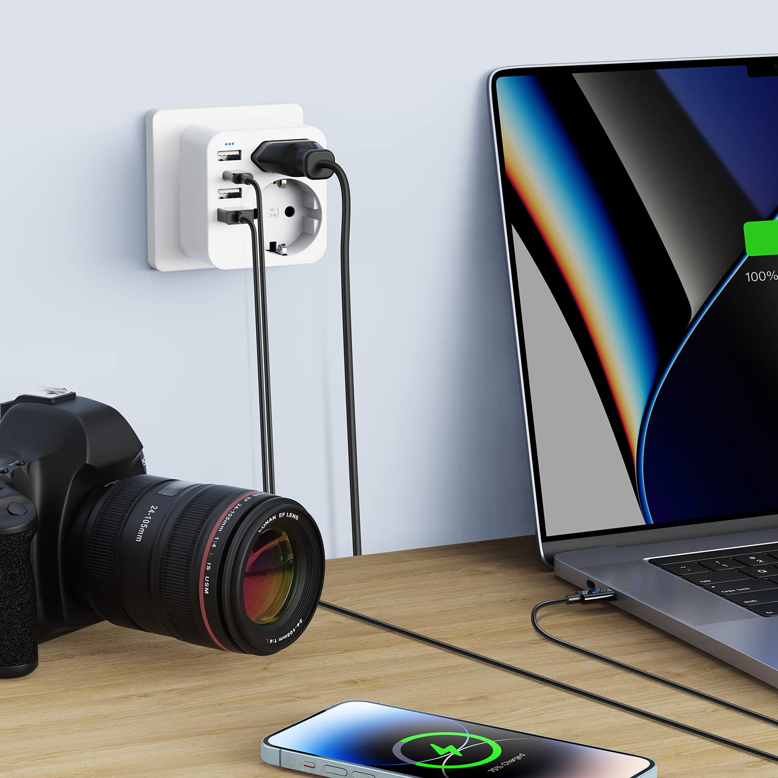 6 en 1 Prise Anglaise avec 3 Ports USB et 1 Type C (3,4A) et 2 Prises,Adaptateur Type G France vers UK pour Angleterre,Irlande, Écosse,Dubai