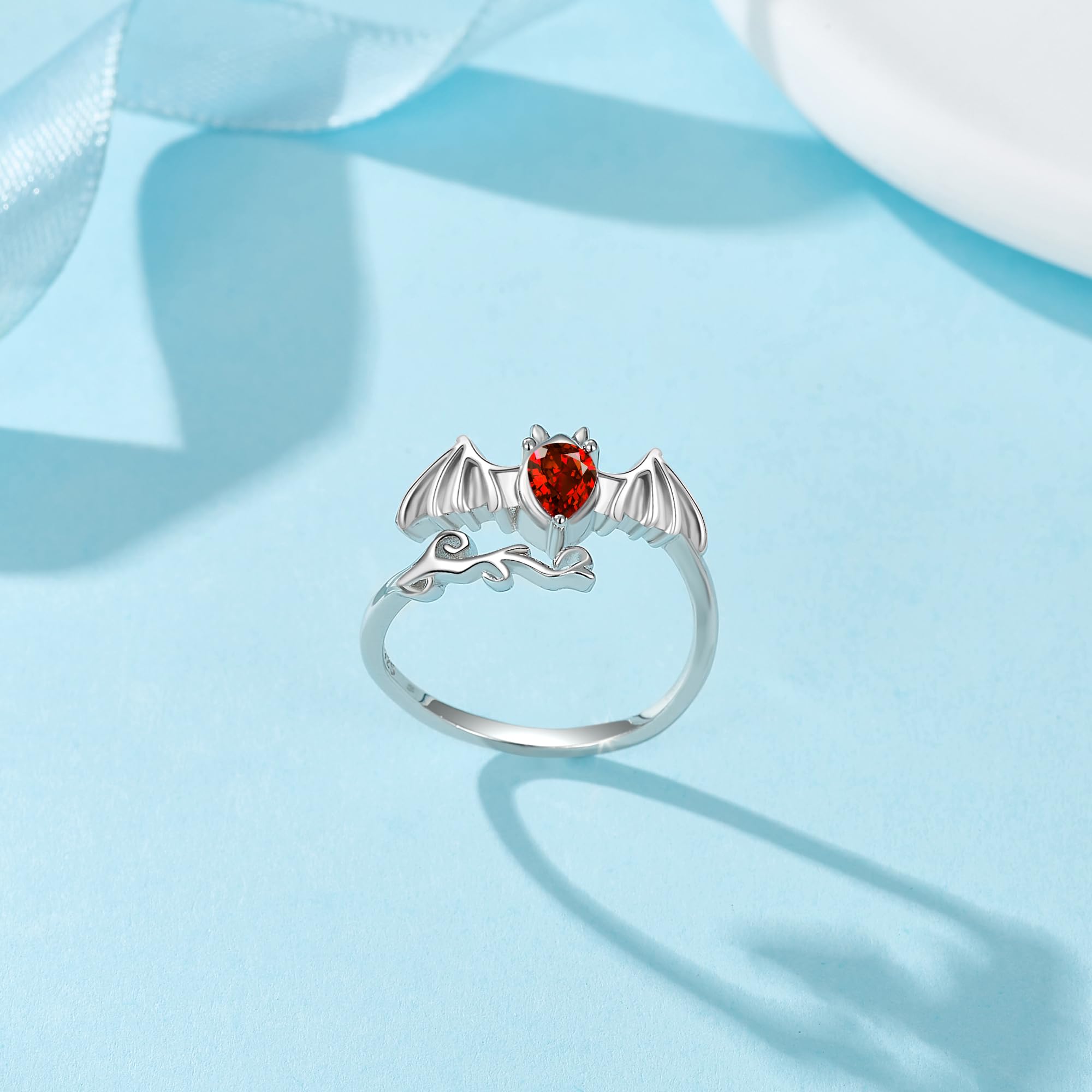 ONEFINITY Anillo de murciélago ajustable de plata de ley 925 para mujer, diseño de murciélago, para Halloween, joyería de murciélago, Zirconia cúbica