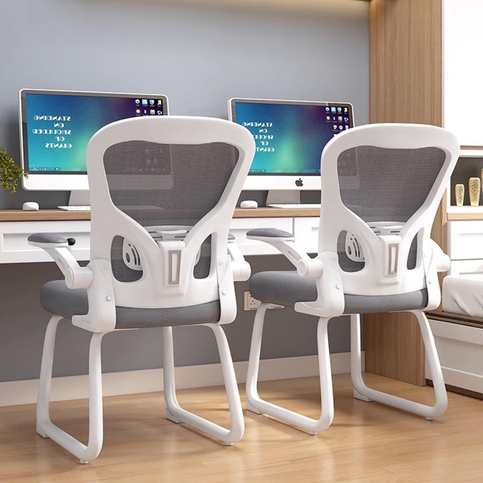 Silla Escritorio de Malla Transpirable Sin Ruedas, Silla Oficina con Brazos Abatibles, Silla Ergonómica, Sillas Gamer para Salas de Conferencias, Bibliotecas, Salas Capacitación(Black)