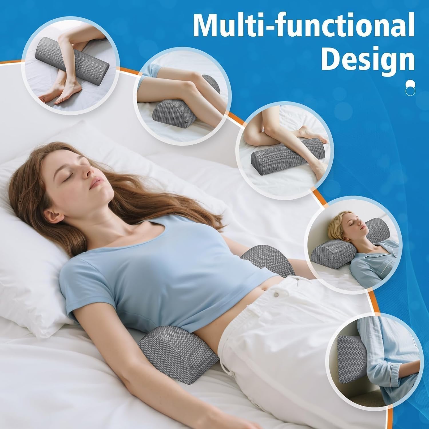 Large Knee Pillow for Side Sleepers, Half Moon Memory Foam Bolster Pillow for Legs, Ergonomic Design Wedge Elevation Pillow for Side & Back Sleeping, Under Knee Support, Foot, Ankle, Lumbar,Gray