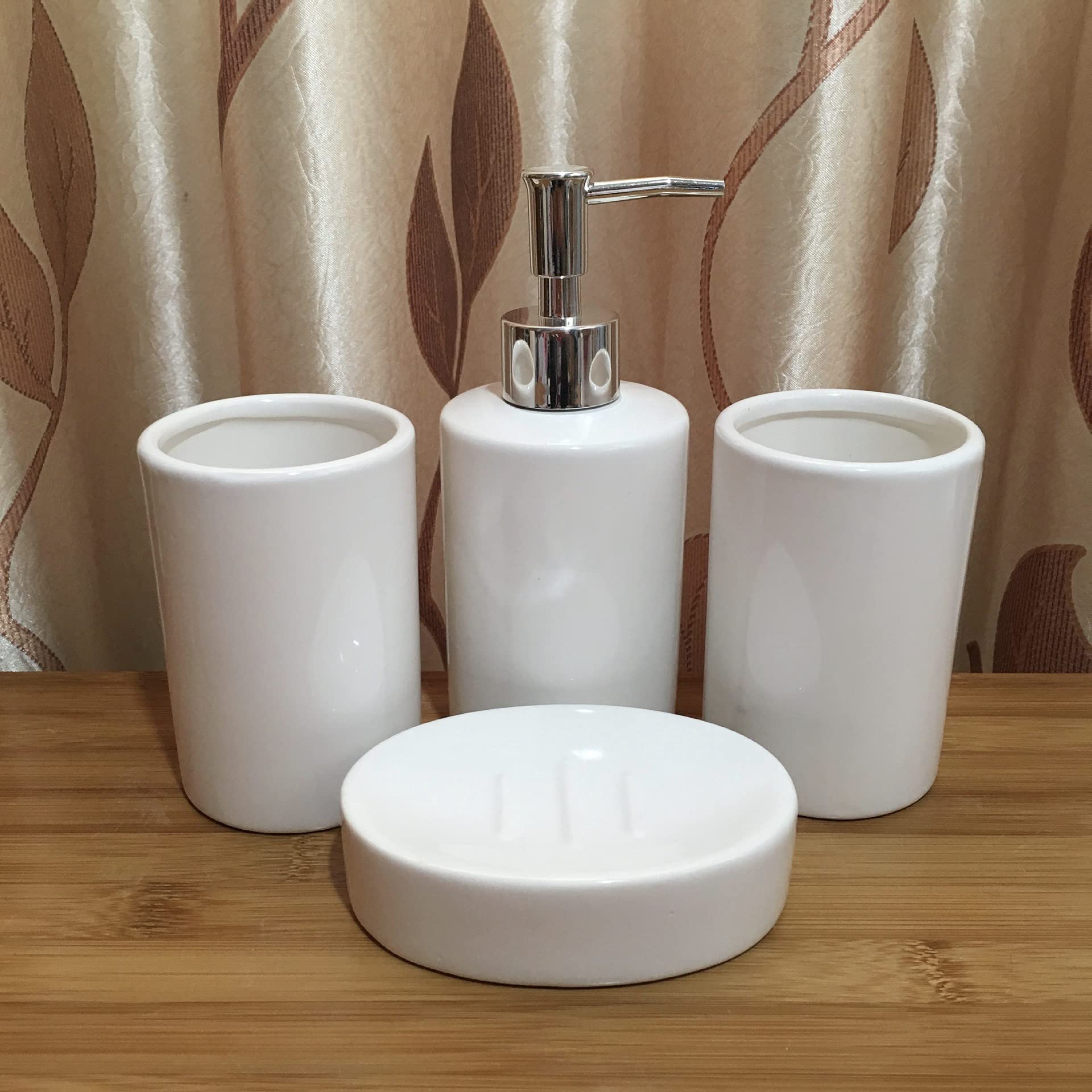 AOPPLSOT Ceramic Whiter Design Bathroom Accessory Set 4 Pcs Including 1 Toothbrush Holders,1 Gargle Tooth-Brushing Cups,1 Soap Dishes,1 Lotion Dispenser,White,4 pcs