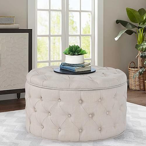 Miniatura 9 de Adeco Moderna silla otomana redonda de almacenamiento de 28 pulgadas, reposapiés otomano tapizado con botones con almacenamiento para sala de estar