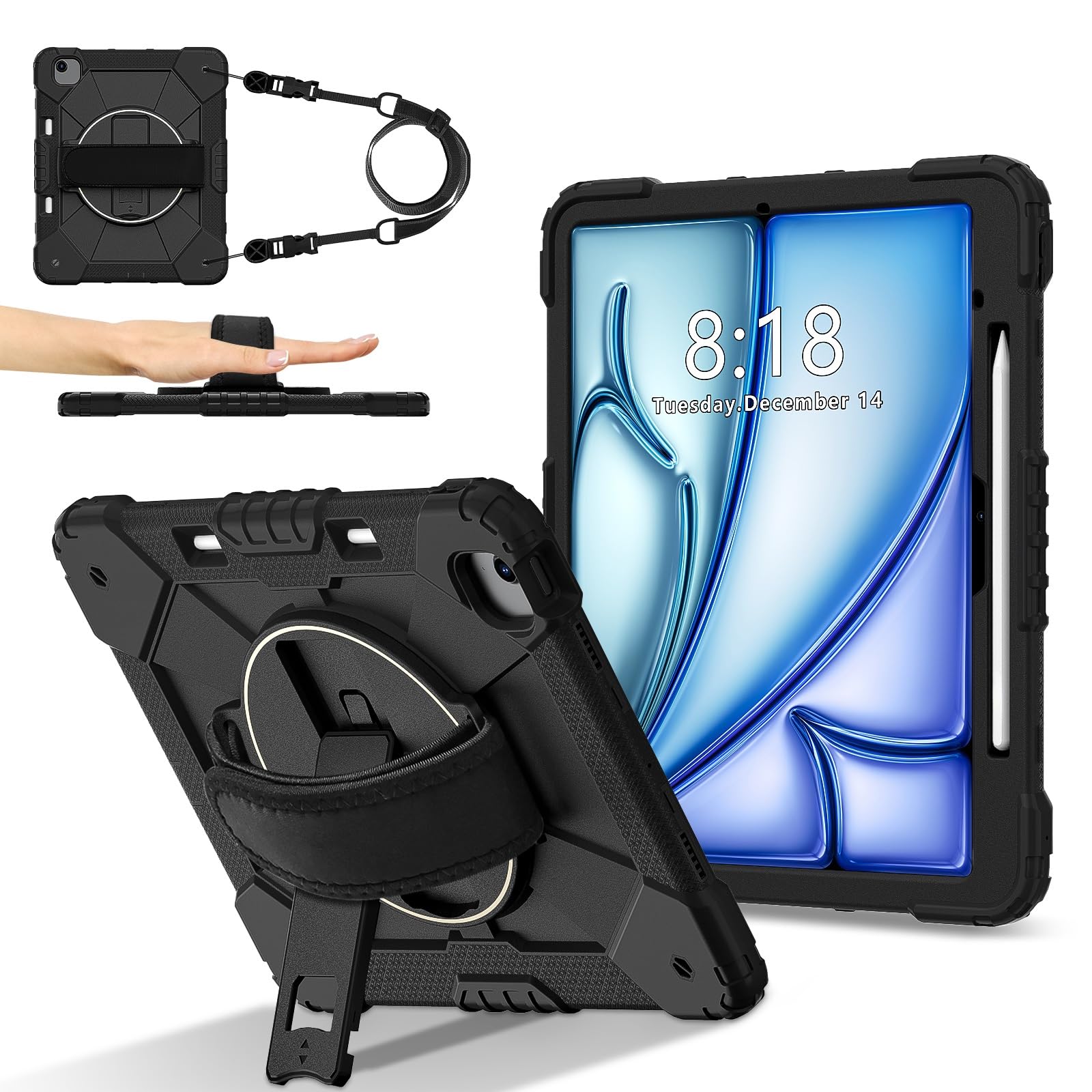 Custodia robusta per iPad Air 13 pollici M2 2024, custodia protettiva resistente con supporto regolabile e tracolla, con cinturino da polso, custodia per tablet adatta ai bambini (nero)
