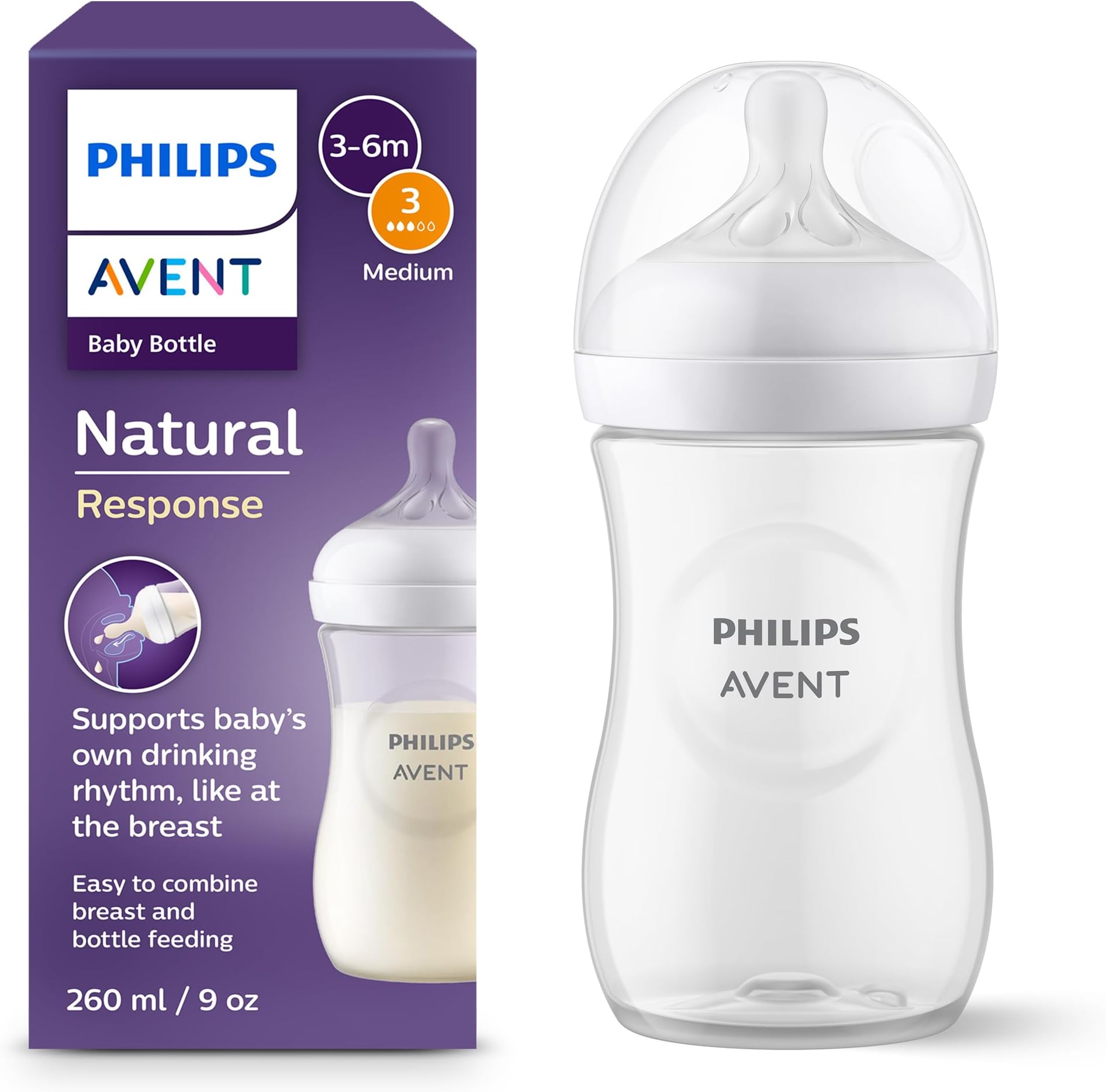 Philips Avent Natural Response Baby Bottle - 260ml Baby Milk Bottle for Newborns and Up, BPA Free, 1+ Months (Model SCY903/01)