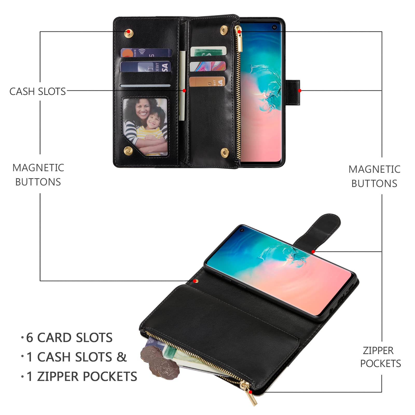 UEEBAI Wallet Case for Samsung Galaxy S10, PU Leather Case Magnetic Closure Handbag Zipper Pocket Case Kickstand Card Slots with Hand Strap Rose Flip Case for Women - Flower Black