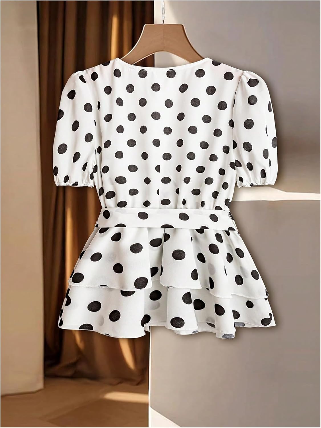 SHENHE Women's Puff Short Sleeve Wrap V Neck Blouse Polka Dots Peplum Ruffle Hem Dressy Top - Image 2