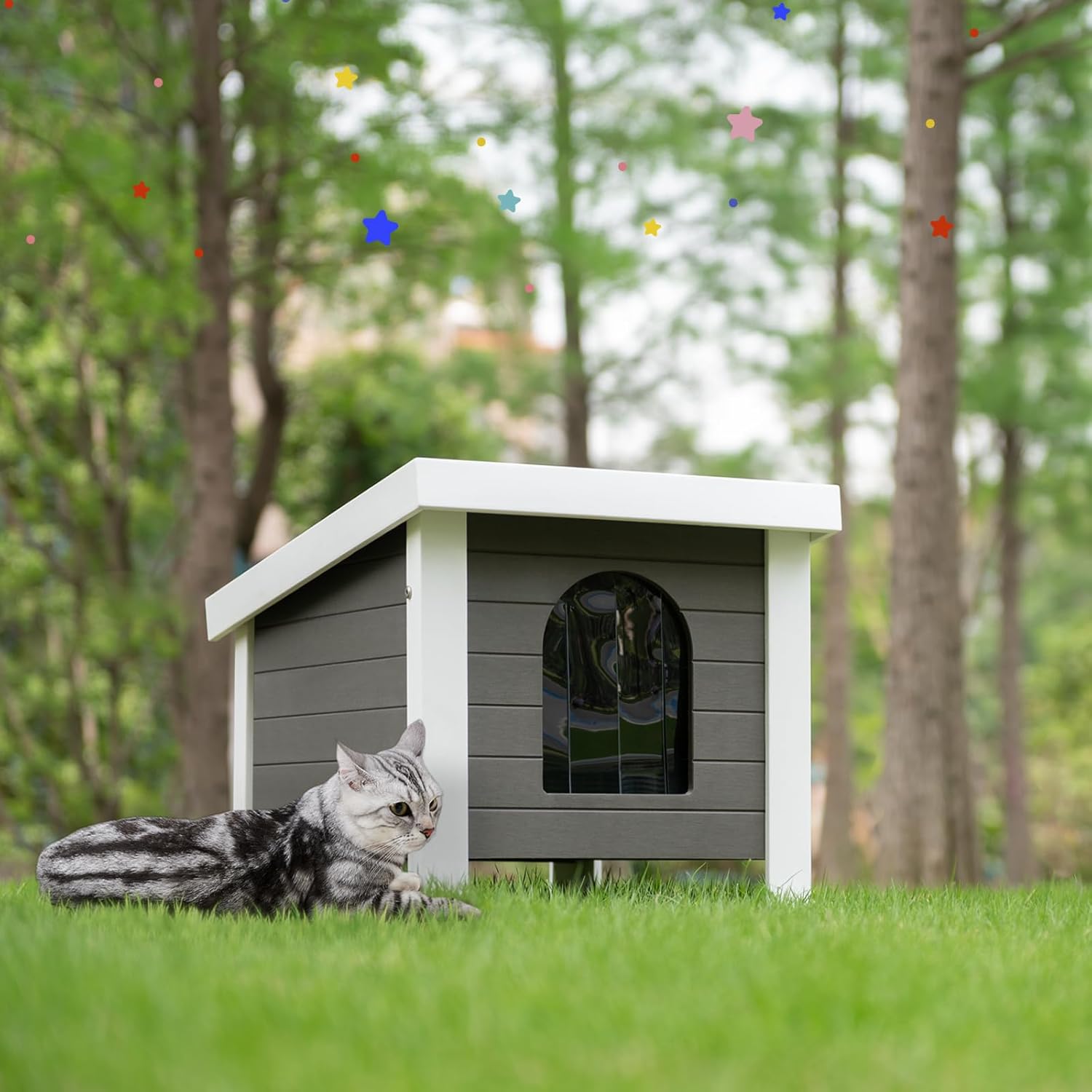 Psilvam Poly Lumber Outdoor Cat House, Weatherproof Cat Houses for Outdoor Cats, Feral Cat Shelter with Vent Plugs for Both Outdoor and Indoor 24" D x 17.7" W x 18.1" H(Grey)