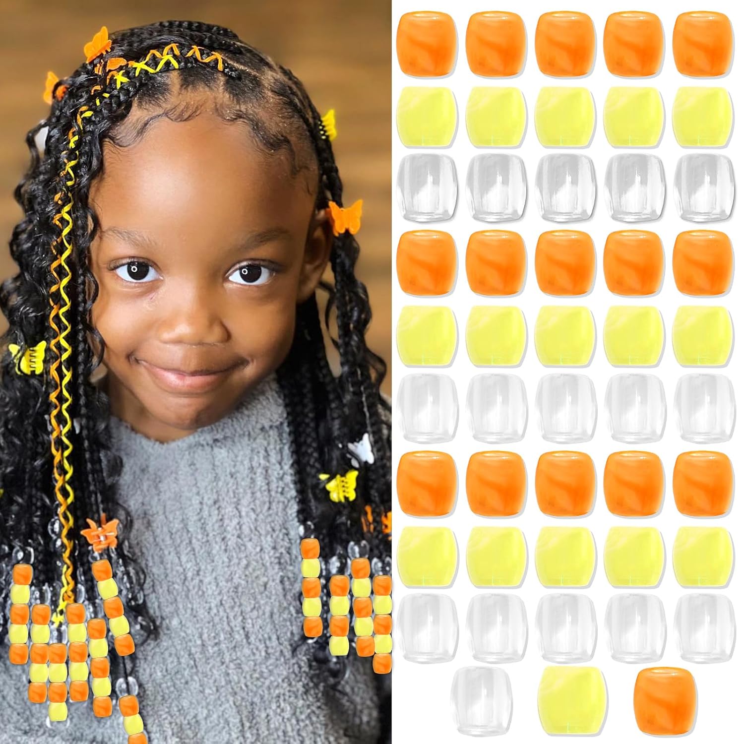 48PCS Orange and Yellow Clear Loc Beads Accessories - Cute Hair Decoration for Kids Girls - Acrylic Dreadlock Jewelry Making Kit