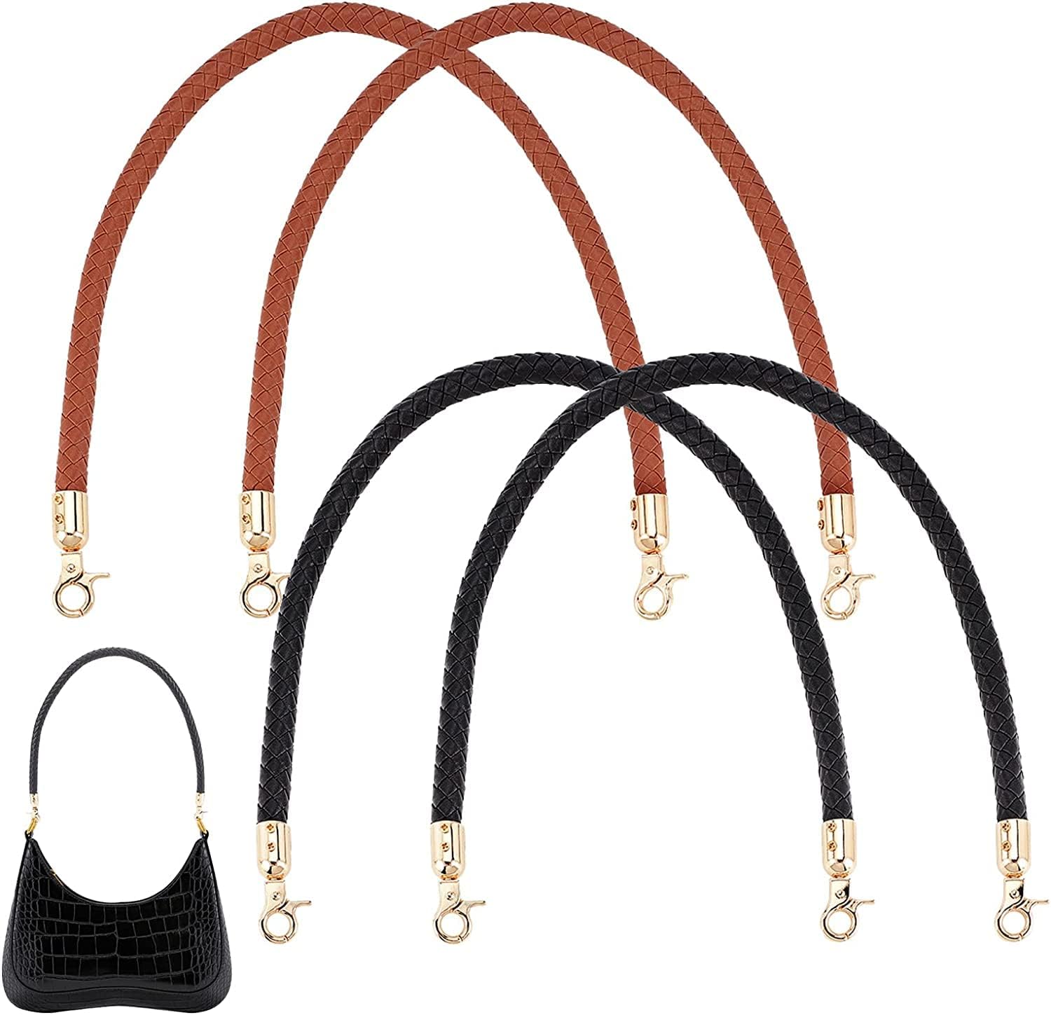 Handles Bag Straps, PU Leather Replacement Handbag Bag Handles with Alloy Clasps for Bag Making Accessories Purses Straps Supplies, 60.5cm/23.5inch, Brown Black(4pcs)