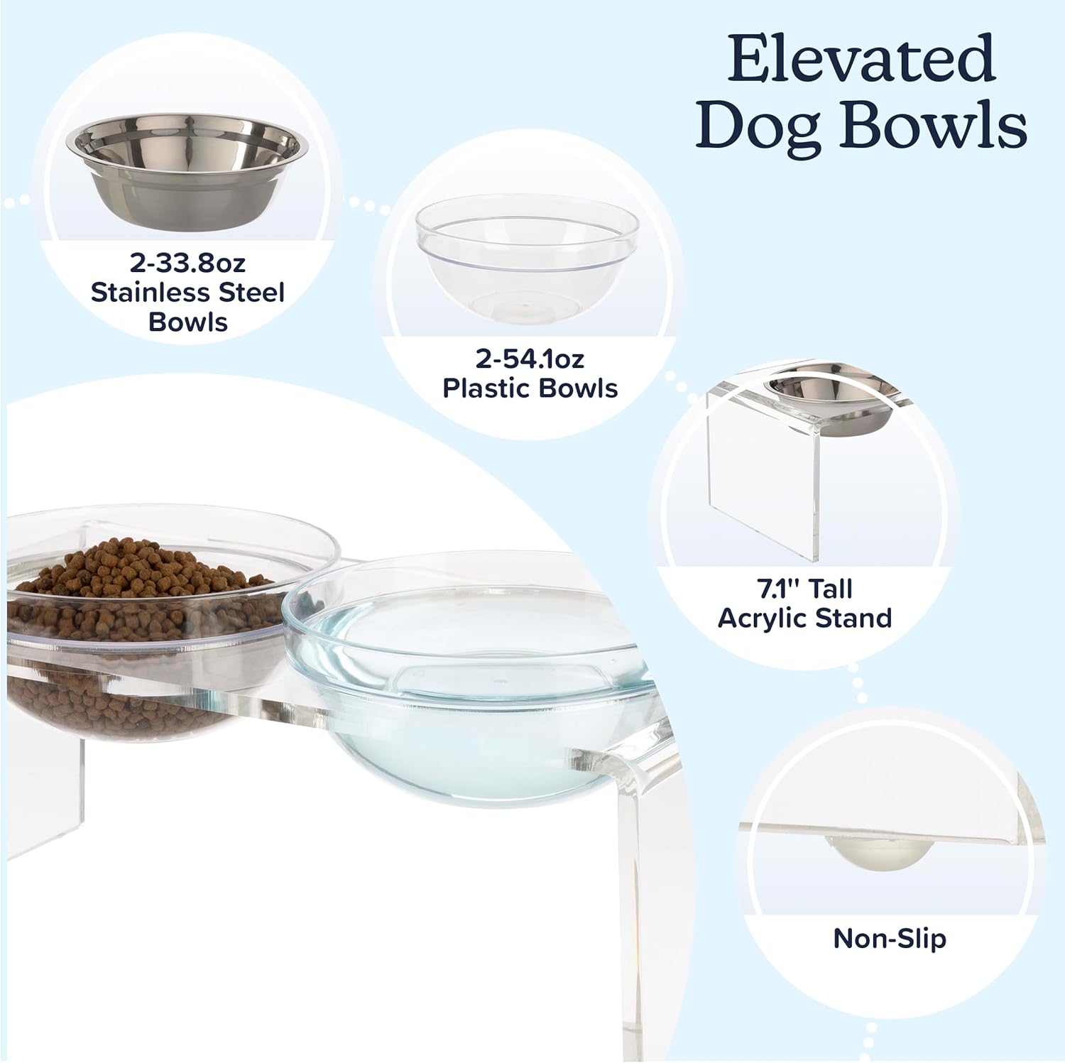 Elevated Dog and Cat Bowls Set - 7.1-Inch Tall Acrylic Dog Bowl Stand with 2 Removable Stainless Steel Bowls and 2 Plastic Bowls for Food and Water - Modern Cat and Dog Products by PETMAKER