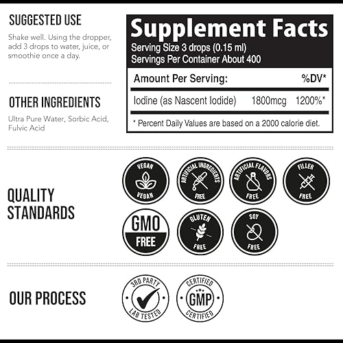 Miniatura 7 de Suplemento de yodo nasal, 400 porciones, botella de vidrio, vegano, 1800 mcg - 600 mcg por gota, color puro, transparente, apoya la salud de la