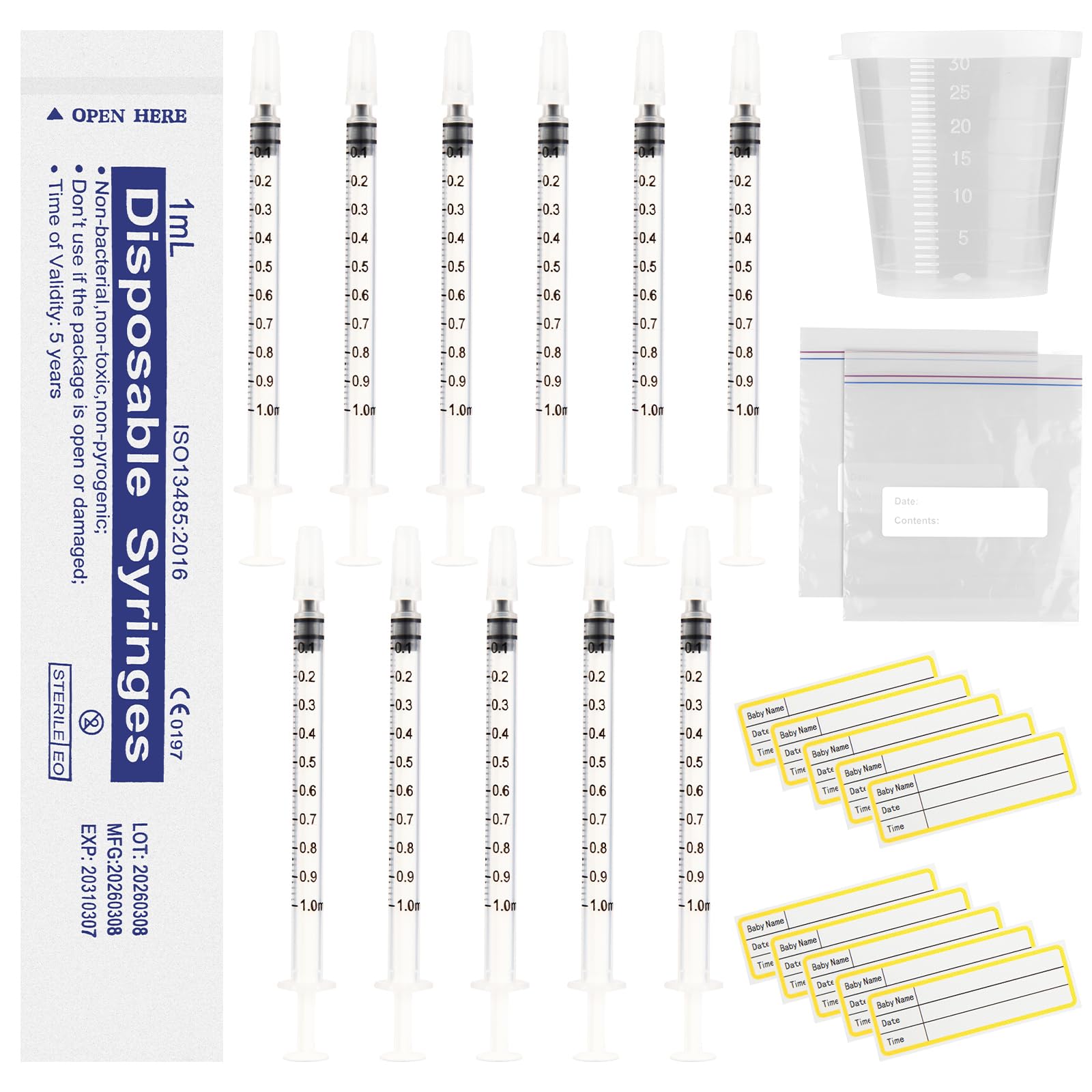 View 1 of 20 Sets 1ml Colostrum Syringes with Caps No Needle Colostrum Collector Kit Include 20pcs 1ml Sterile Syringes, 20 Labels, 2 Storage Bags and 1 Measuring Cup