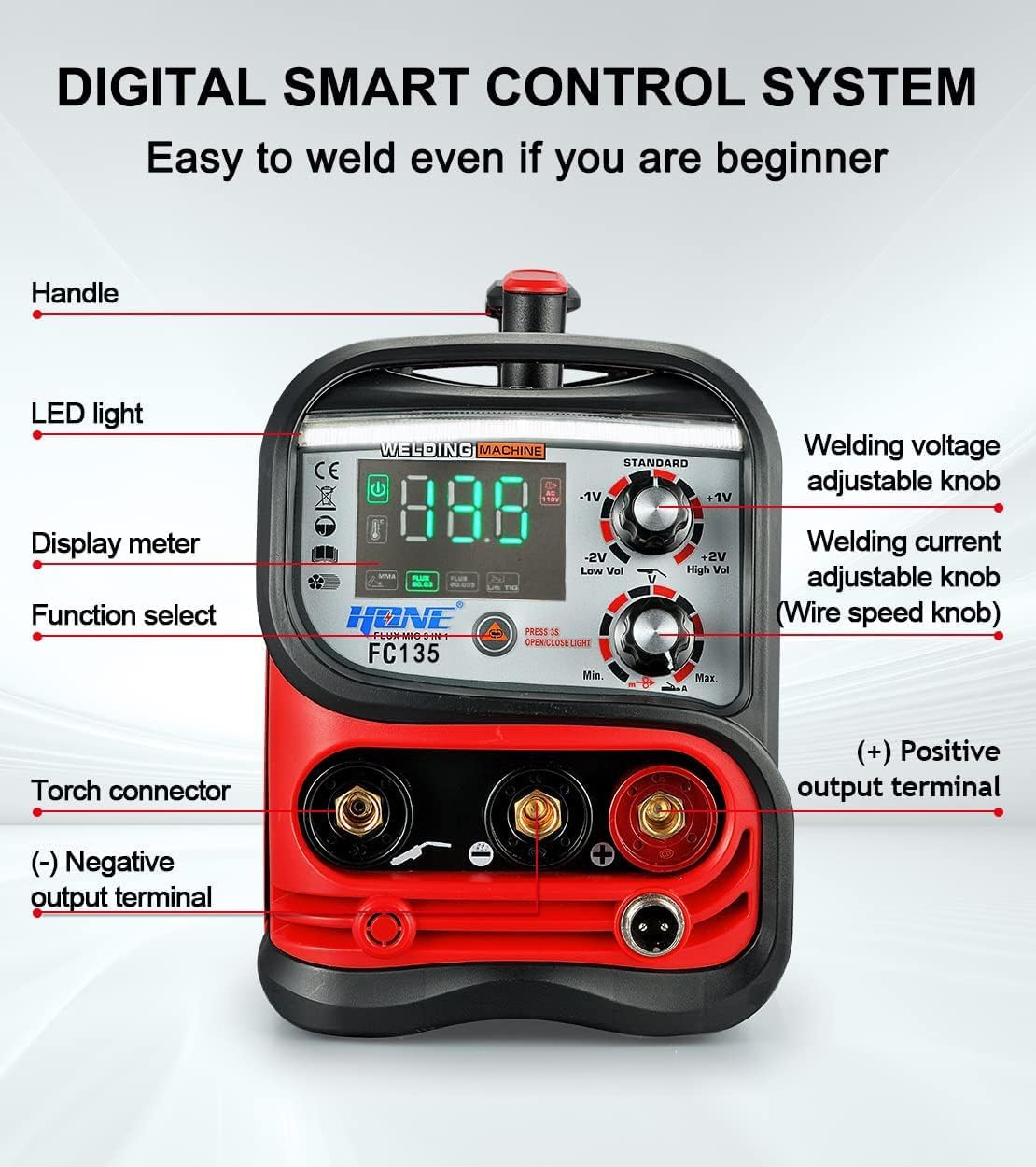 HONE MIG Welder Machine 110V,135A Flux Core Welder 3 in 1 Portable Welder,MIG/Stick Welder/Lift TIG Welding Machine with Large LED Display, Gasless Wire Welder with Flux Core Wire