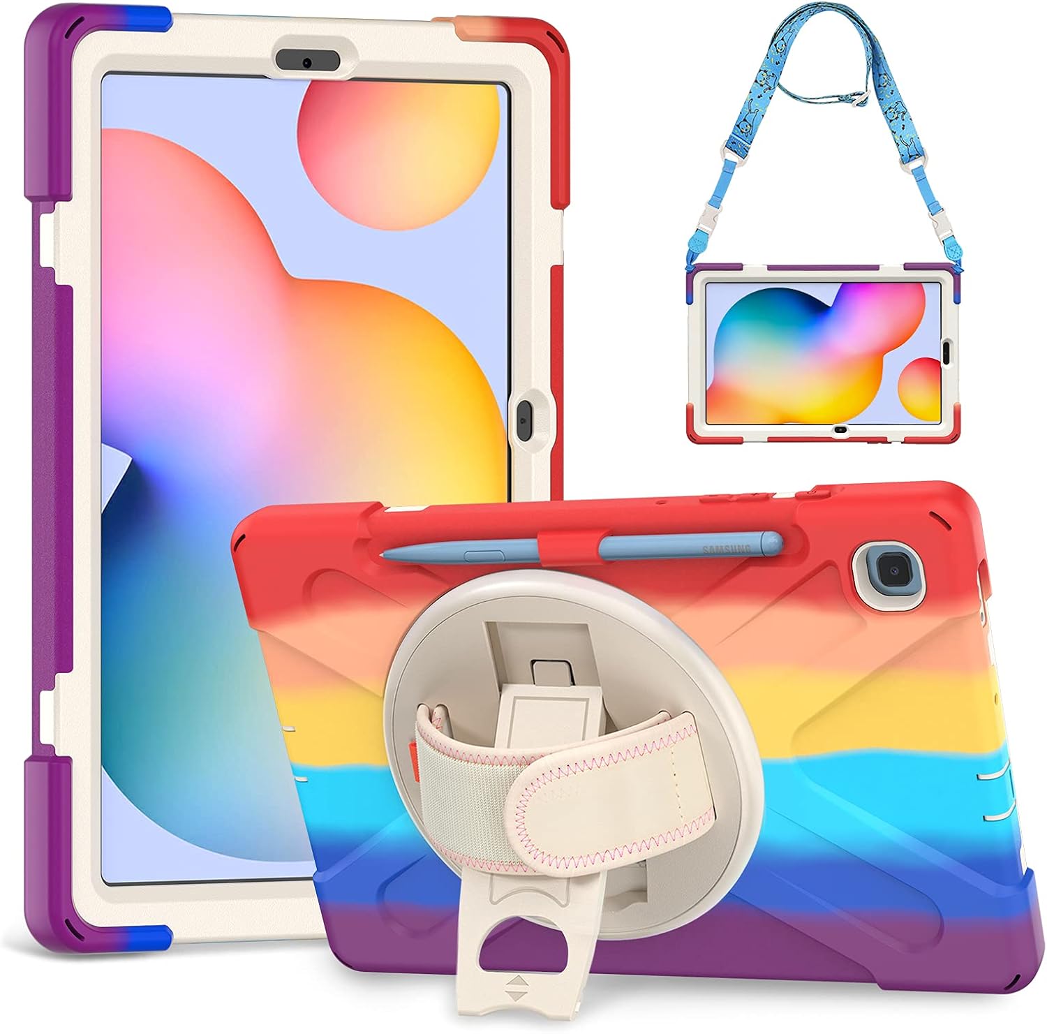 Gerutek Samsung Galaxy Tab S6 Lite 10.4" Case 2022/2020, 3-Layer Structure Heavy Shockproof Tab S6 Lite Case for Kids with Pen Holder, Rotatable Kickstand, Shoulder/Hand Strap, Colorful Red