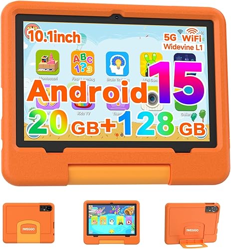 IWEGGO Tablet Android 15 para niños con estuche EVA, tablet de 10 pulgadas para niños, 20 GB RAM + 128 GB ROM MAX 2 TB, pantalla táctil IPS HD de