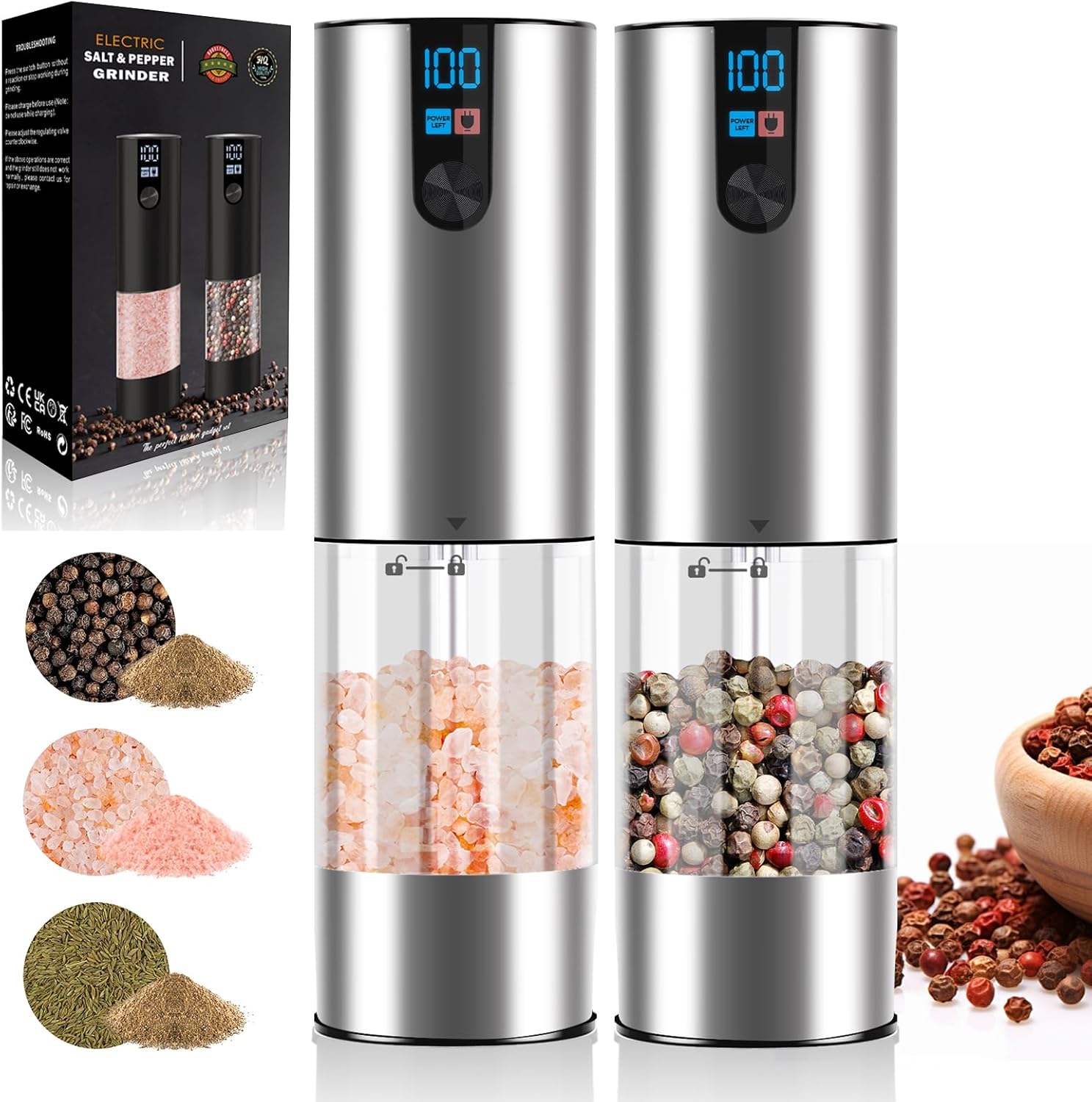 Electric Salt and Pepper Grinder Set, USB Rechargeable, Automatic Salt Pepper Mill Grinder Adjustable Coarseness with LED-Display, 120ml Container, One-Button Control, Suitable for kitchen, restaurant