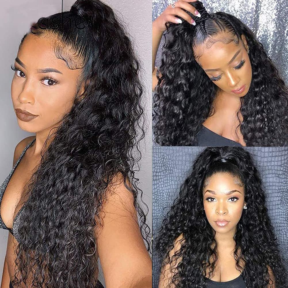 Lace Front Wigs Human Hair Water Wave 13x4 Lace Frontal Human Hair Wig Pre Plucked 150% Density Brazilian Virgin Human Hair Wigs with Baby Hair for Black Women Natural Color 30 Inch