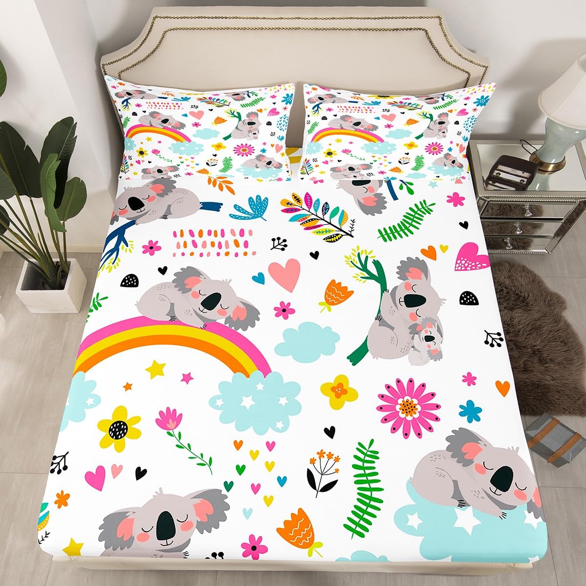 Erosebridal Koala Bed Sheets Twin Size Rainbow Bedding Set for Kids Girls Women Bohemian Leaves Fitted Sheet Cartoon Animal Floral Botanical Bed Set 1