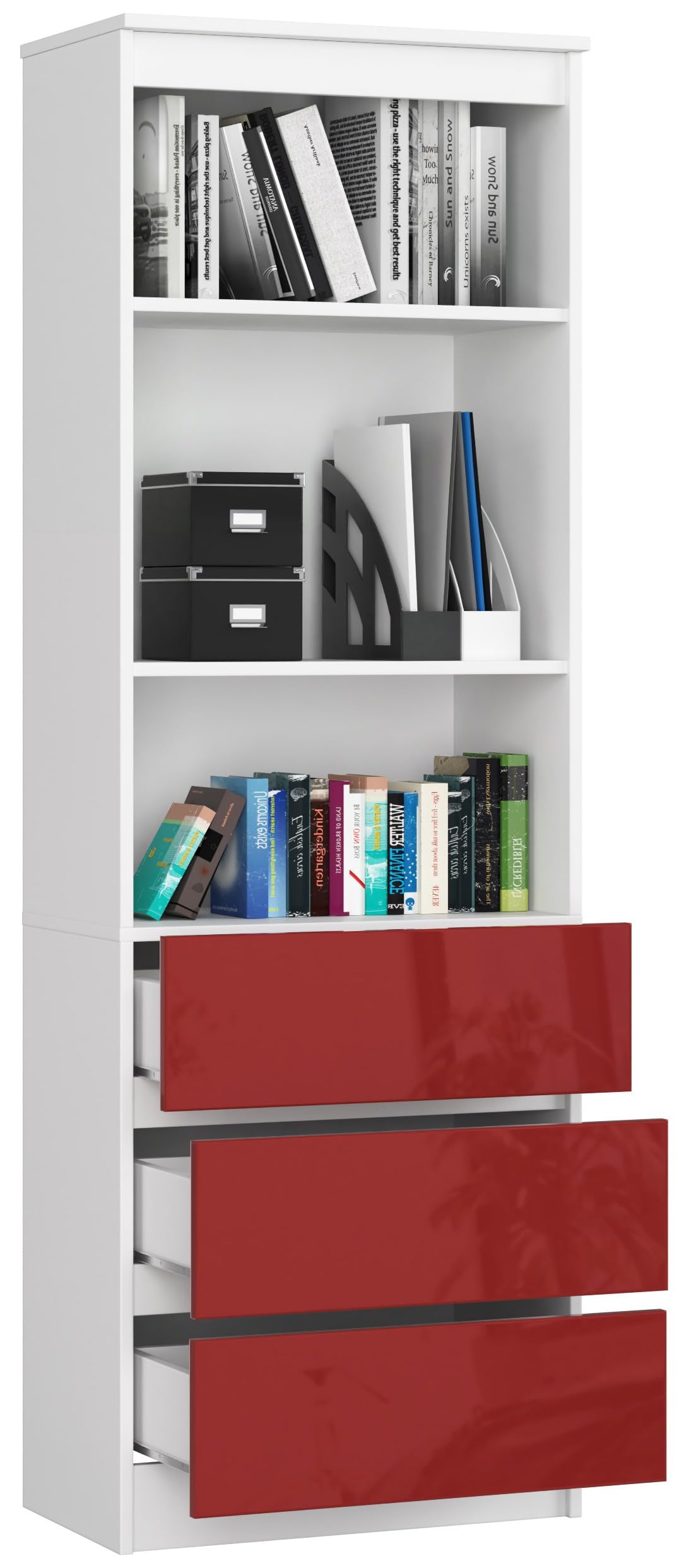 Libreria Con 3 Ripiani E 3 Cassetti AKORD - 60x180x35 Cm, Bianco Lucido - Foto 10