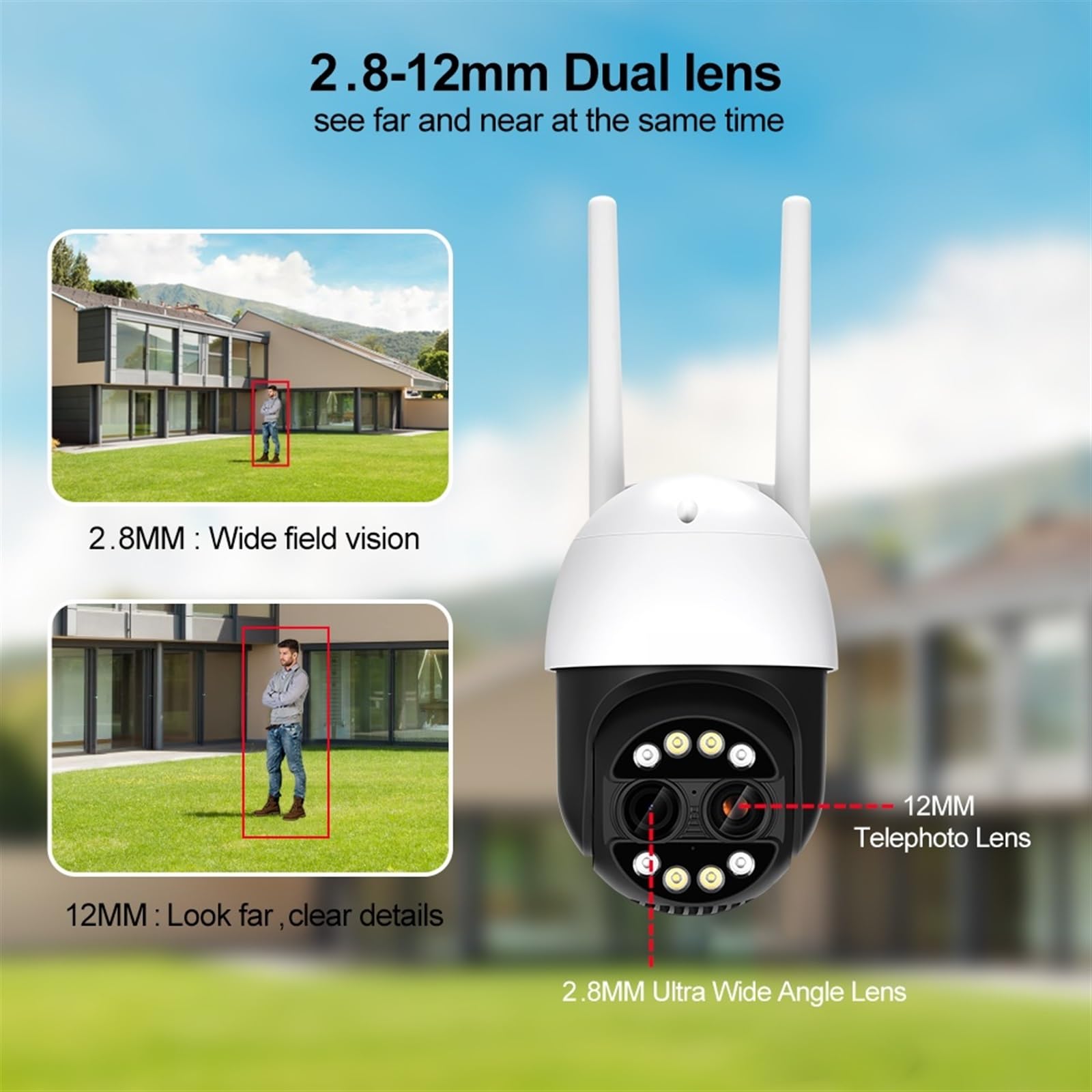 Kamera bezpieczeństwa, 8MP podwójny obiektyw 2.8mm-12mm 8X Zoom 4K PTZ kamera IP zewnętrzna AI śledzenie człowieka CCTV Audio bezpieczeństwo w domu monitorująca(NO SD Card)