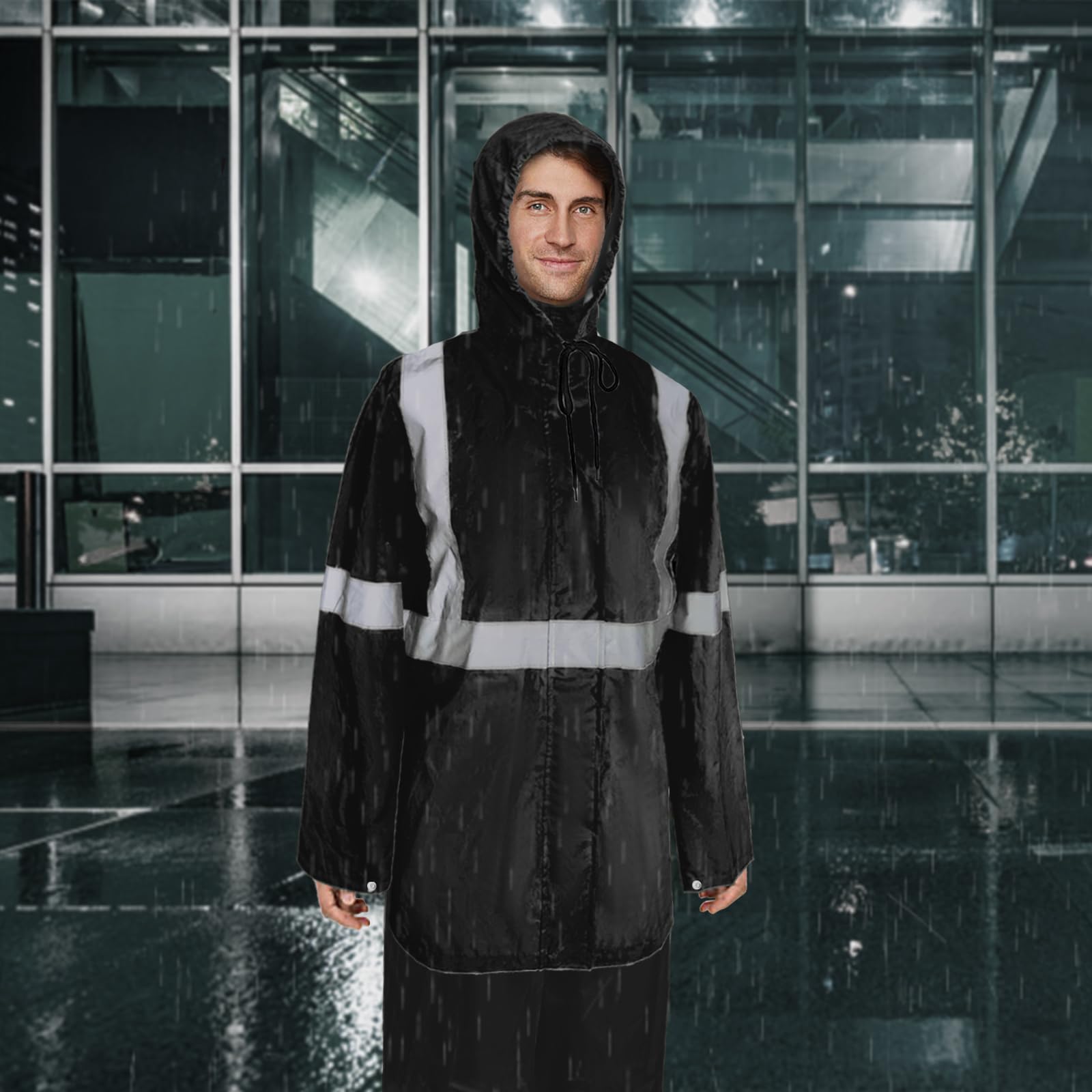 UNO - Chaqueta impermeable de alta visibilidad, impermeable con capucha, traje de lluvia ligero para actividades al aire libre