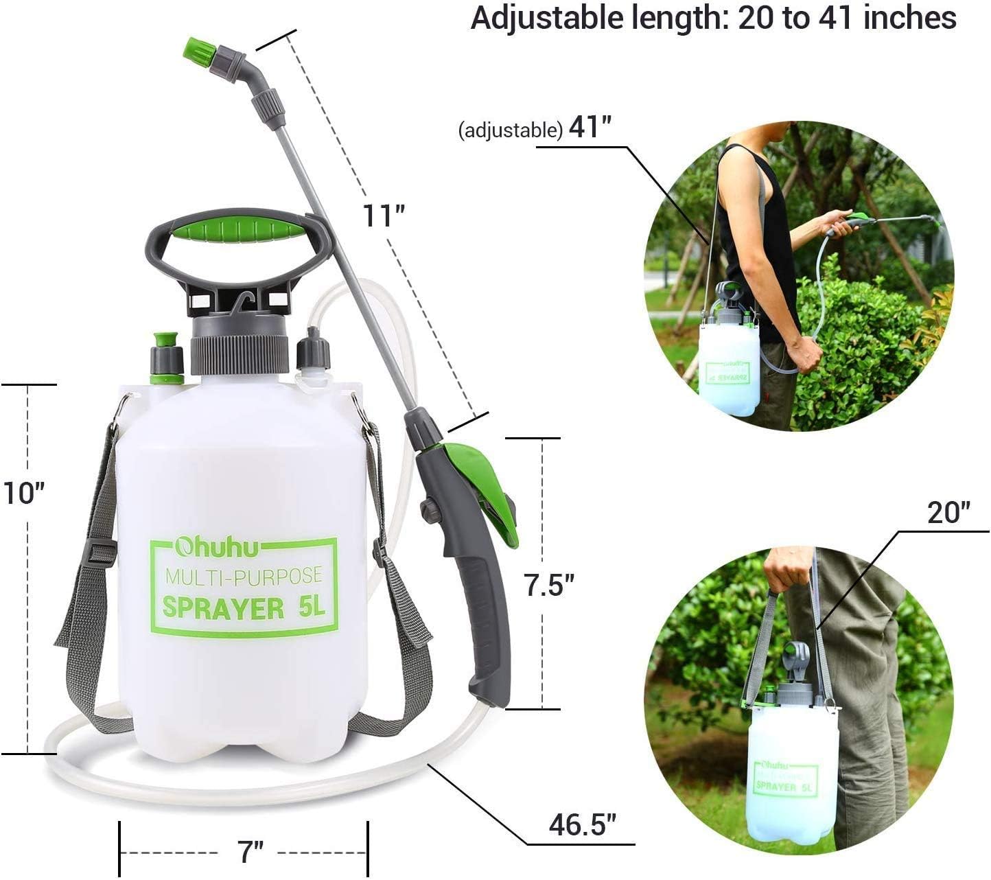 Ohuhu Pump Sprayer, 1.3 Gallon/5L Multi-Purpose Lawn & Garden Pressure Sprayer with 2 Different Nozzles, Pressure Relief Valve & Adjustable Shoulder Strap for Fertilizers, Mild, Non-Solvent Solutions