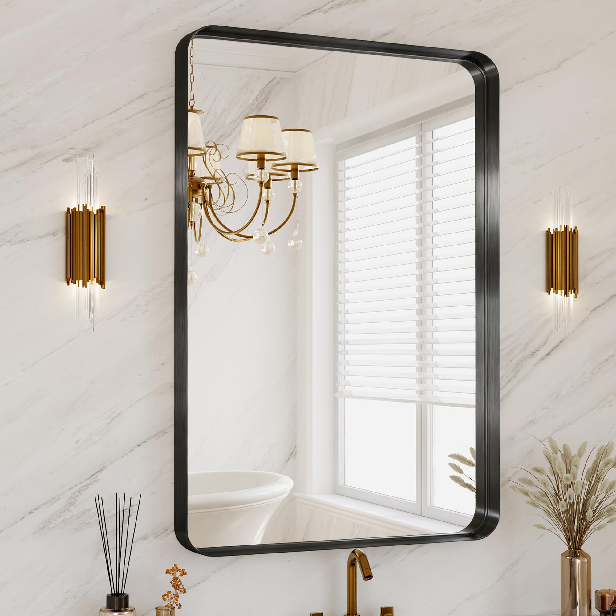 40X30 Inch Black Metal Framed Bathroom Mirror for Wall Matte Large Rounded Rectangle Vanity Mirror Farmhouse Anti-Rust HD