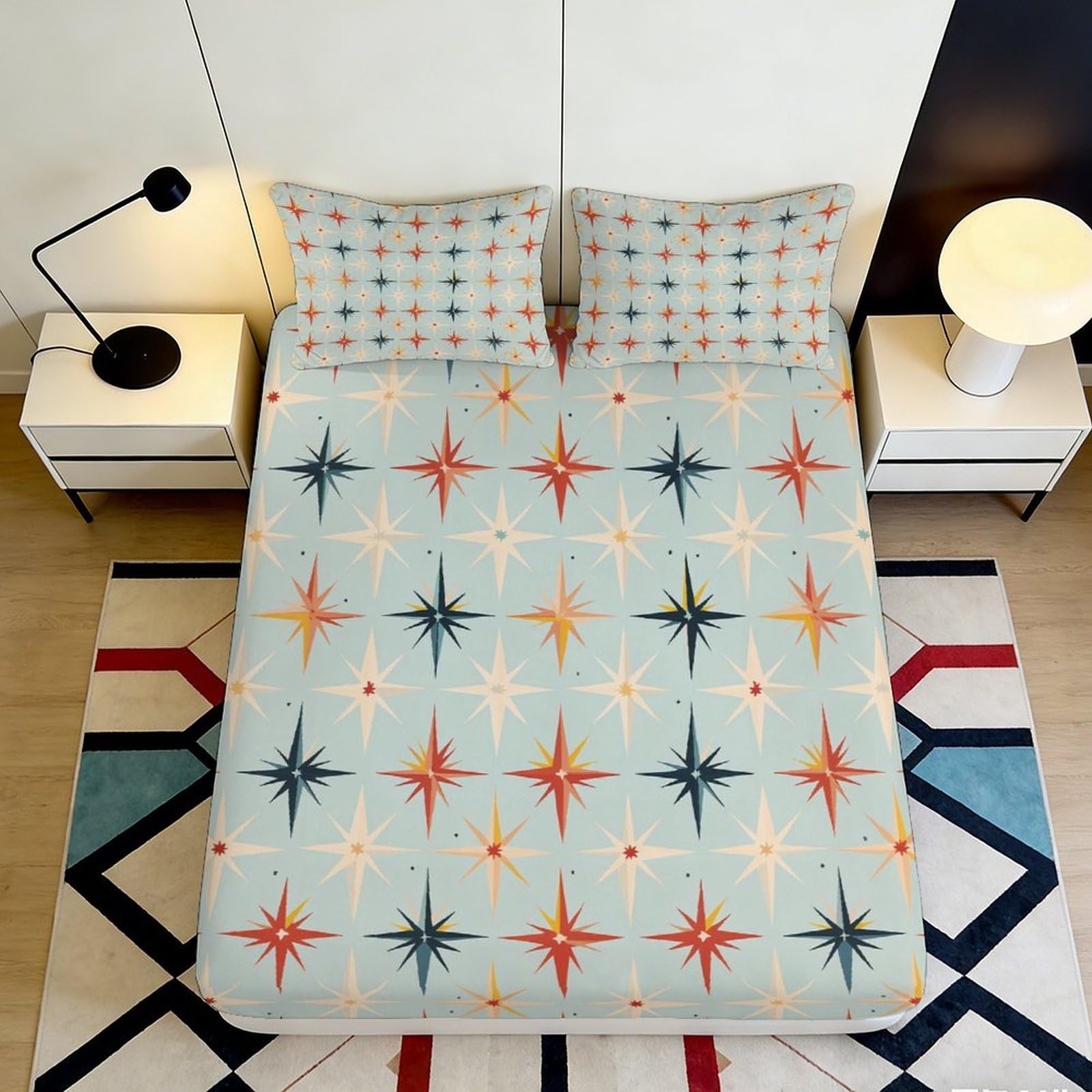 3D Printed Retro Star Pattern Fitted Sheet Microfiber Soft Breathable Geometric Mattress Cover Bedroom Decor 90x200x25cm