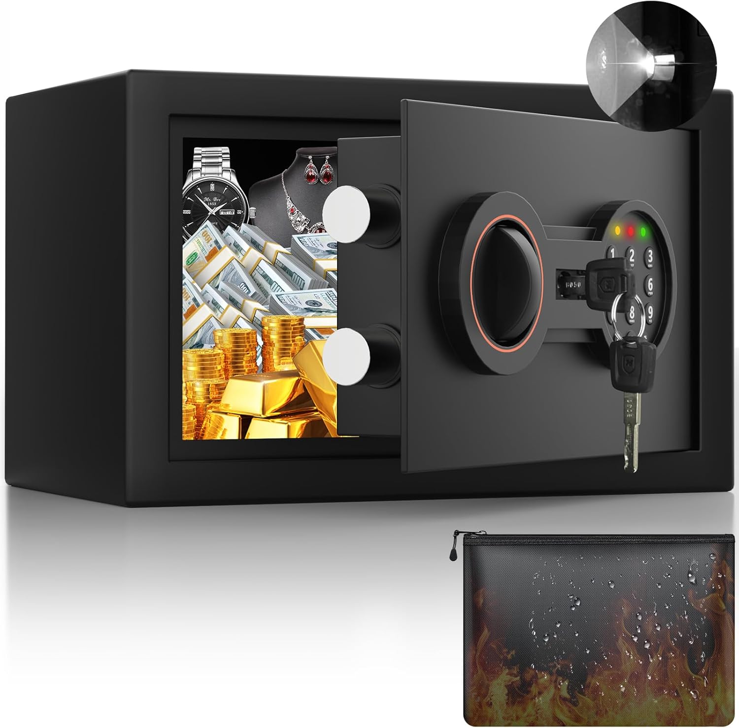 Small Safe for Home, 6.69"H Safe Box with Fireproof Waterproof Bag for College Dorm Room, Money Safe with Alarm System, Sensor LED Light, Wall/Floor Mountable, Hidden Safes for Cash, Jewelry, Medicine