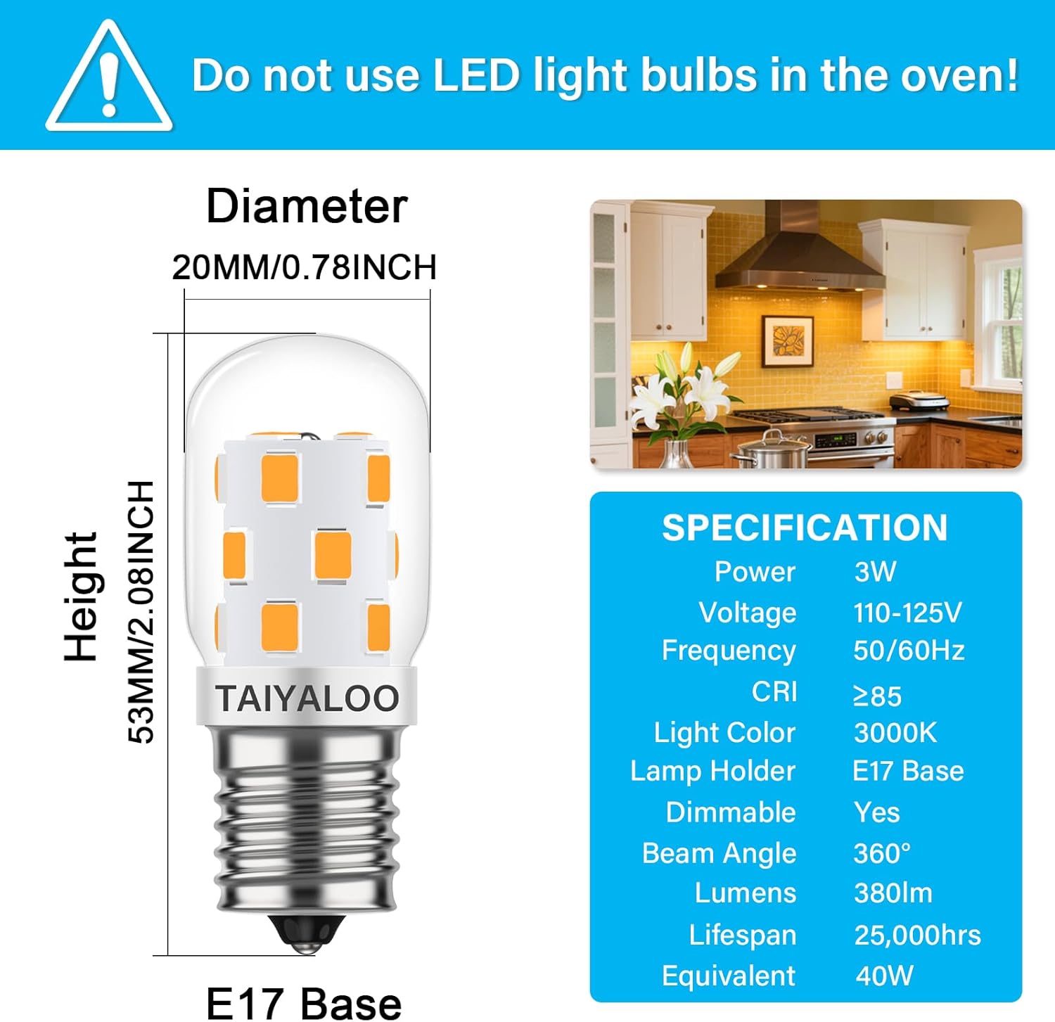 TAIYALOO LED Microwave Light Bulbs Under Hood 40W Equivalent, E17 LED Bulb Dimmable for Range Hood, Refrigerator, 3W 380LM T7 Appliance Light Bulb Over Stove, Warm White 3000K, Pack of 2
