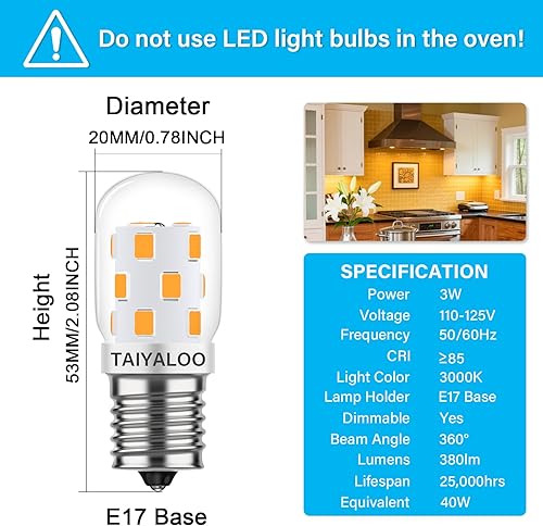 Miniatura 3 de TAIYALOO Bombilla LED E17 regulable para microondas, 40 W, incandescente, repuesto para electrodomésticos sobre estufa, refrigerador, campana