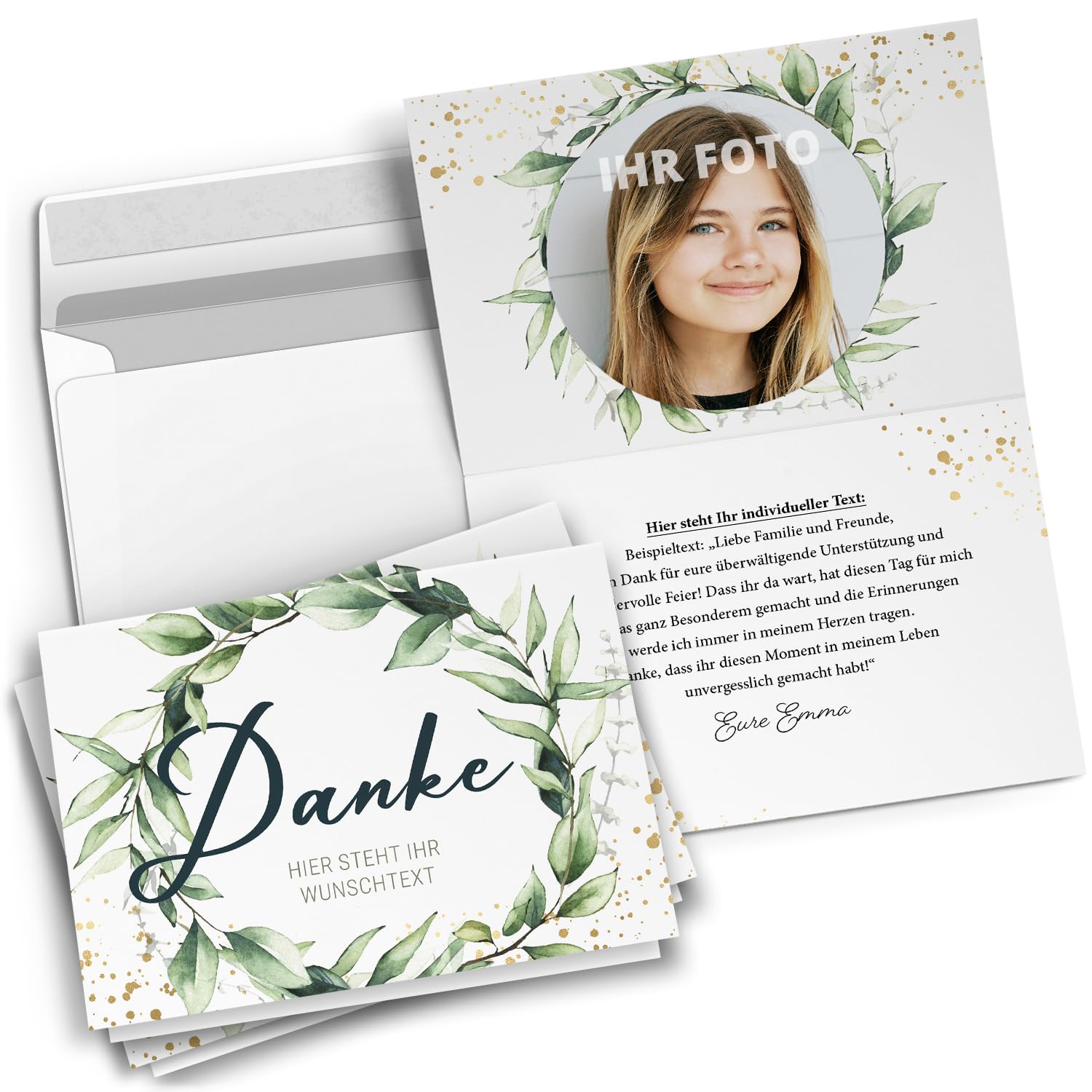 Dankeskarten personalisiert mit Umschlag mit eigenem Text und Foto