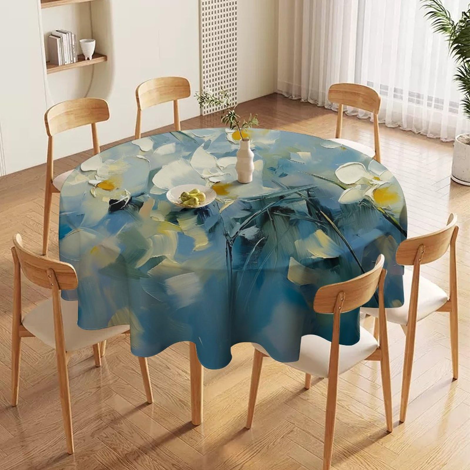 ORDOBO Round Table Cover -Blue Leaves Fashion Tablecloth Protector 3D Print Wipeable Outdoor Table Cover For Kitchen Dining Home Decoration 152X152Cm
