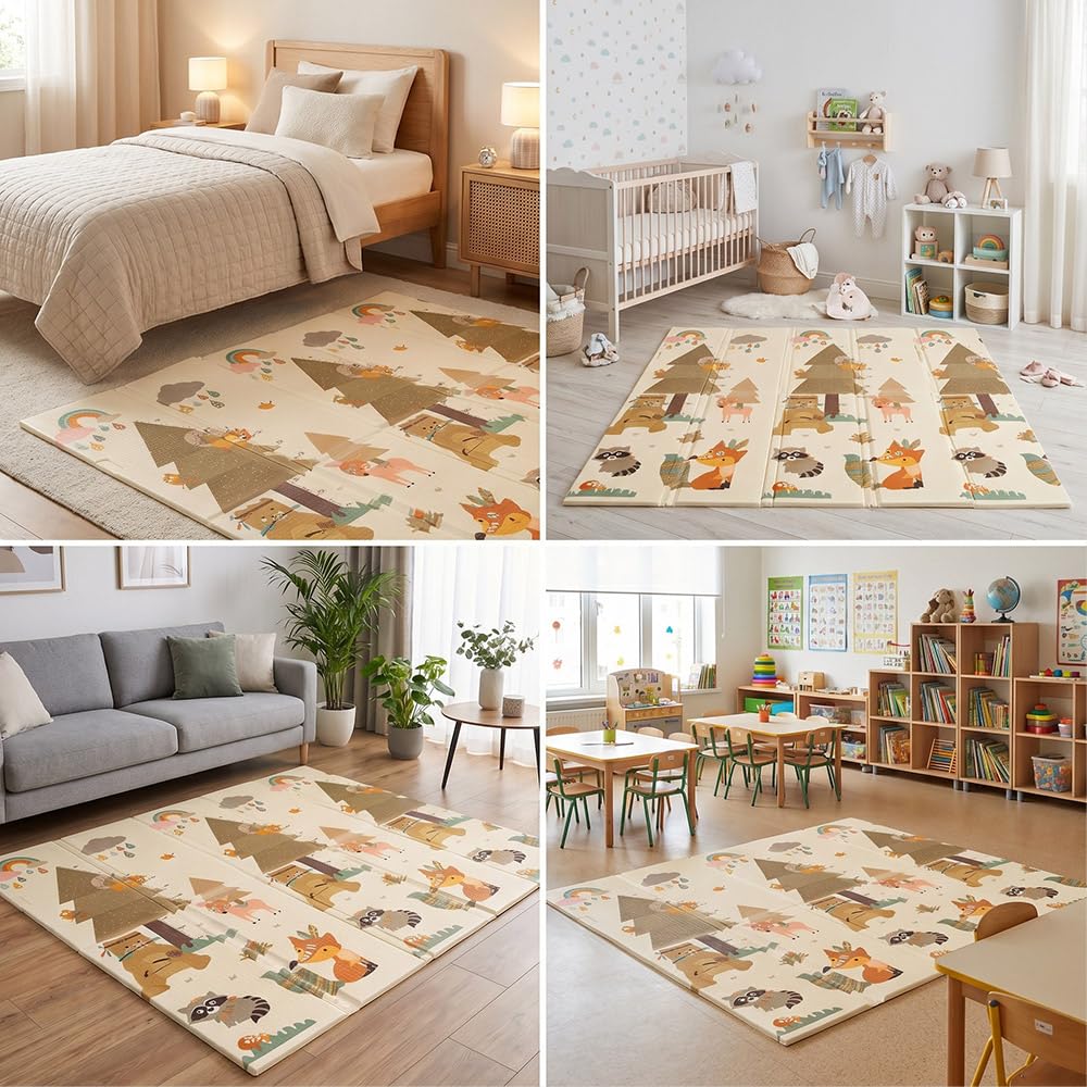 PlayPals Krabbelmatte für Babys, Baby Spielmatte, Krabbeldecke Baby, 2 cm Dicke Spielmatte, Beidseitig Verwendbar, Faltbar, Wasserdicht, Rutschfest, 200x180 cm, mit Aufbewahrungstasche, Wald | Krabbeldecke Extra Groß und Dick, Faltbar, Wasserdicht, Rutsch